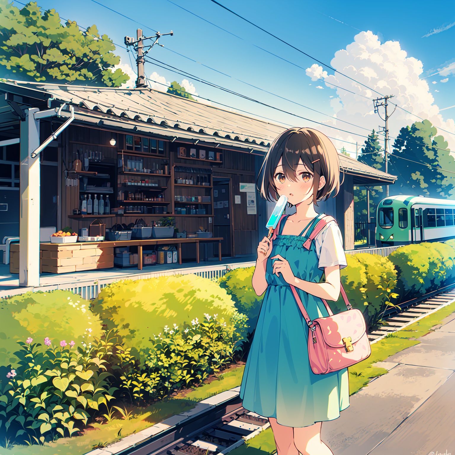 1girl, food, outdoors, popsicle, flower, dress, brown eyes, solo, holding, short hair, holding food, day, sky, bag, short sleeves, cloud, looking at viewer, pink flower, blush, power lines, hair ornament, utility pole, blue sky, white shirt, bangs, standing, shirt, hair between eyes, building, green dress, twitter username, parted lips, brown hair, plant, train station, hairclip, black hair, collarbone, ground vehicle, tree, blue flower
