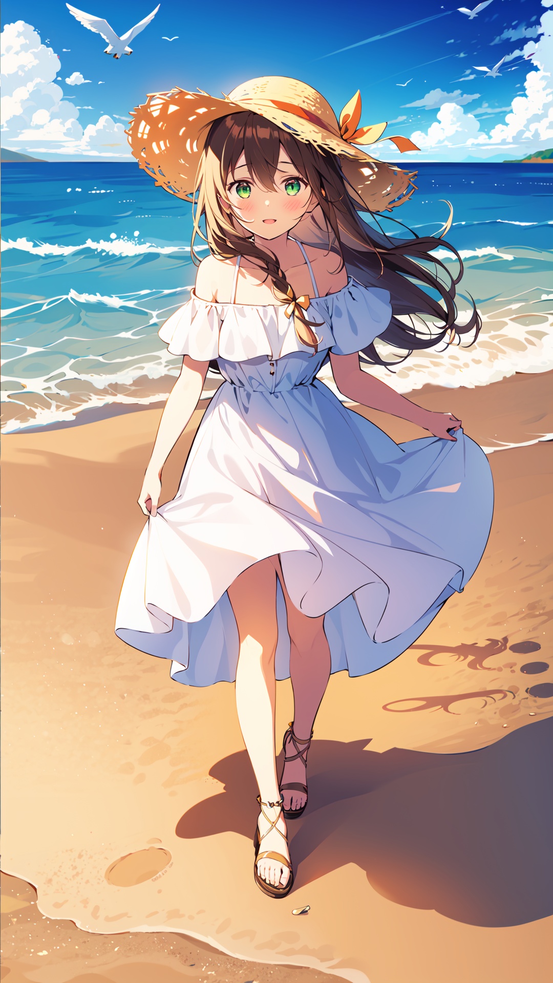 1girl, hat, dress, outdoors, long hair, holding, white dress, solo, green eyes, beach, off-shoulder dress, bird, looking at viewer, ocean, holding shoes, day, off shoulder, barefoot, bangs, bare shoulders, blush, holding clothes, water, standing, hair between eyes, shoes, sandals removed, footprints, sand, sky, sun hat, parted lips, cloud, ribbon, brown hair, floating hair, sandals, blue sky, breasts, smile, shoes removed, collarbone, hat ribbon, waves, straw hat, frilled dress, seagull