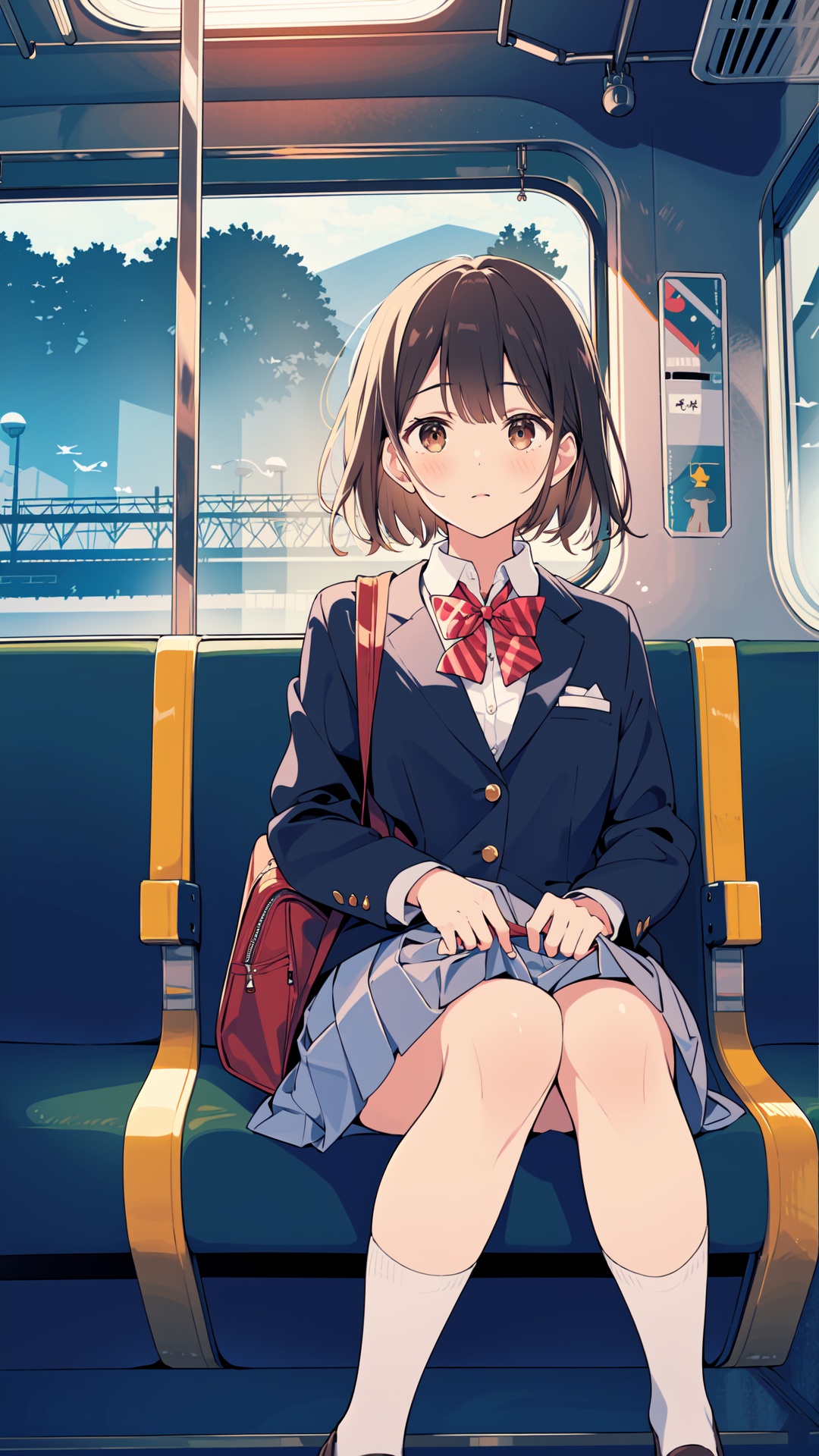1girl, sitting, solo, school uniform, train interior, bag, white socks, socks, skirt, shoes, short hair, brown footwear, looking at viewer, jacket, blazer, bow, loafers, bowtie, red bow, brown hair, school bag, black hair, long sleeves, pleated skirt, bangs, red bowtie, brown eyes, grey skirt, closed mouth, train station, collared shirt, shirt