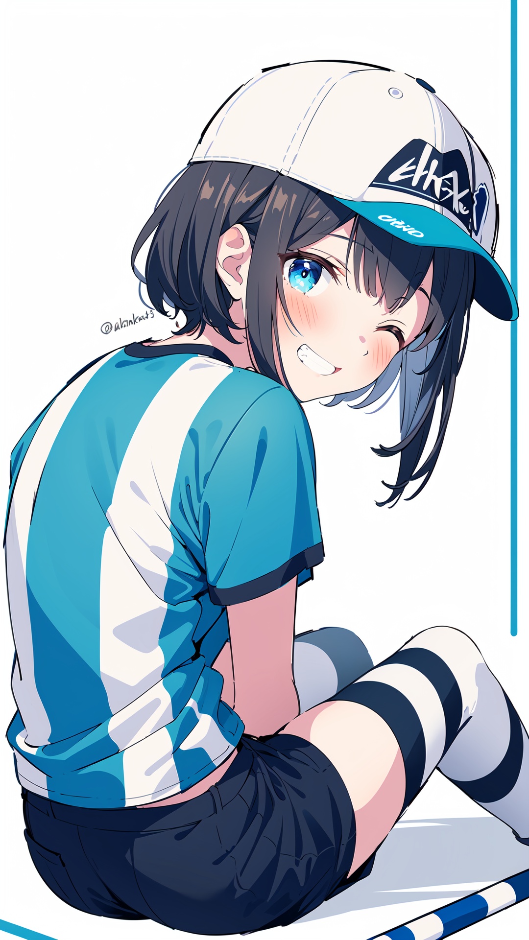  1girl, swept bangs, oozora subaru, solo, shirt, virtual youtuber, hat, striped, bangs, one eye closed, striped shirt, short hair, smile, looking at viewer, vertical-striped shirt, vertical stripes, blue eyes, thighhighs, white shorts, grin, shorts, v, white background, shoes, baseball cap, blush, sitting, sneakers, white footwear, simple background, looking back, twitter username, short sleeves, mismatched legwear, backwards hat, red thighhighs, black hair, brown hair, asymmetrical legwear, t-shirt, from behind, sideways hat