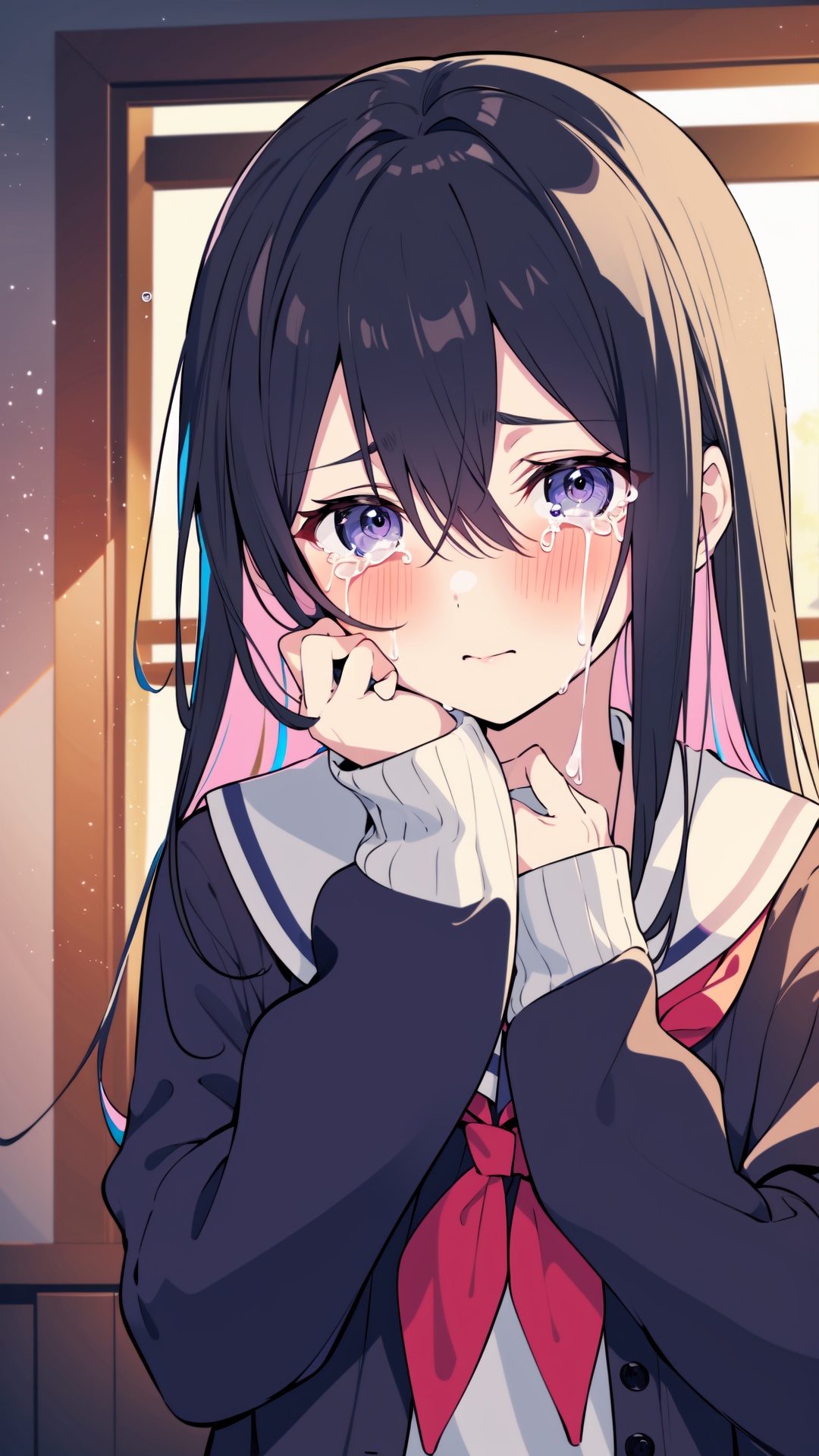 1girl, solo, black hair, school uniform, purple eyes, tears, long hair, crying, serafuku, sailor collar, looking at viewer, multicolored hair, crying with eyes open, upper body, bangs, long sleeves, neckerchief, blurry background, sleeves past wrists, hair between eyes, blue sailor collar, red neckerchief, closed mouth, purple hair, blurry, two-tone hair, colored inner hair, blush, cardigan, window