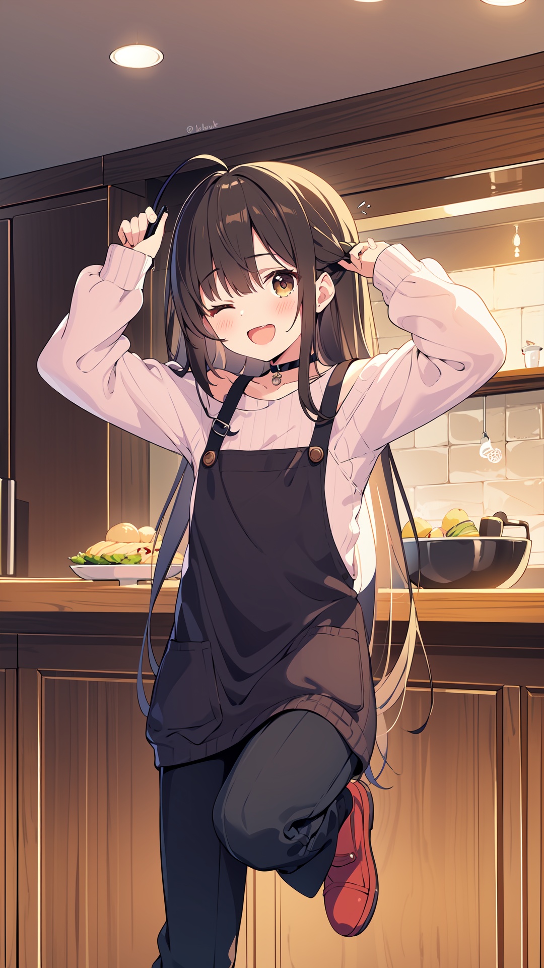 1girl, 1boy, apron, one eye closed, shirt, smile, sweater, white shirt, pants, long hair, collared shirt, black pants, green apron, brown eyes, black hair, ladle, ;d, brown hair, holding, indoors, long sleeves, puffy long sleeves, off-shoulder sweater, very long hair, off shoulder, slippers, standing, bangs, puffy sleeves, bowl, arm up, dress shirt, standing on one leg, open mouth, black eyes, black choker, pink sweater, brown sweater, sweater dress, holding bowl, choker, blush, ahoge, twitter username