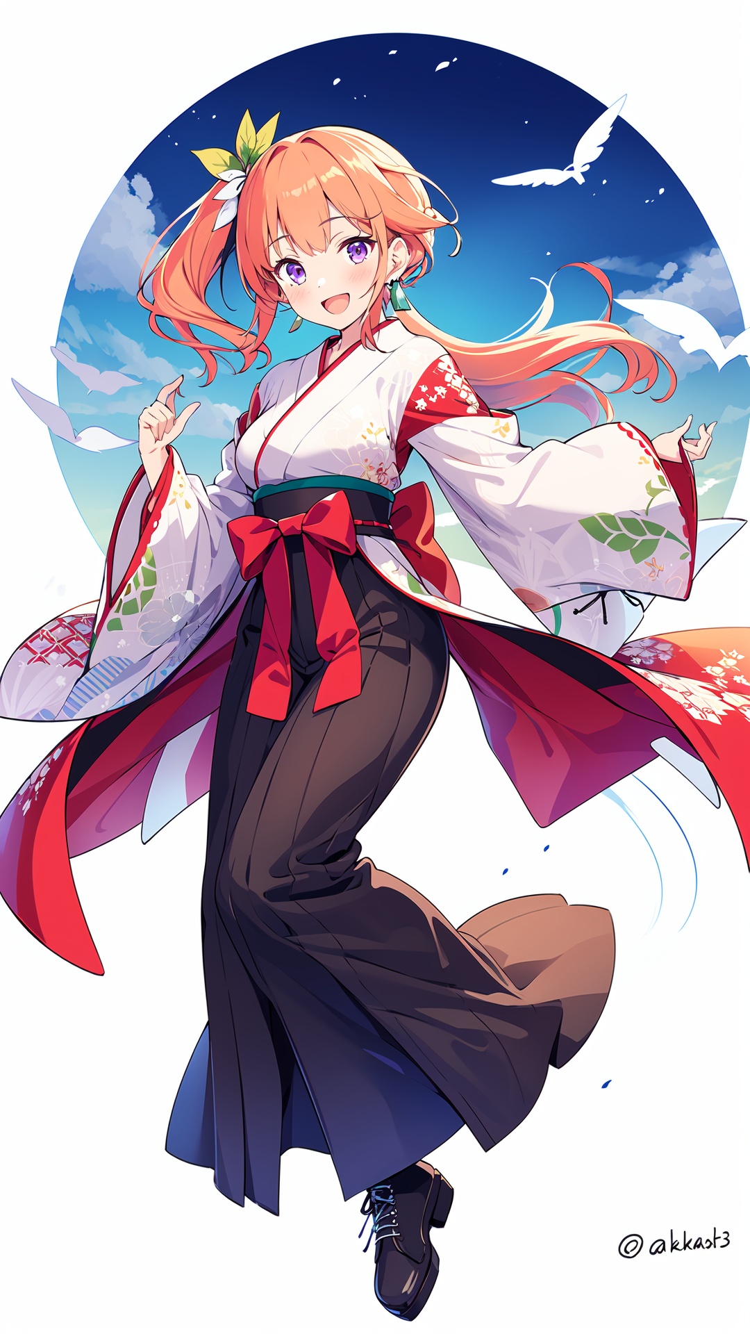 1girl, takanashi kiara, virtual youtuber, japanese clothes, orange hair, solo, boots, purple eyes, open mouth, multicolored hair, kimono, smile, hakama, looking at viewer, gradient hair, hakama skirt, feather earrings, skirt, feathers, earrings, breasts, jewelry, wide sleeves, full body, twitter username, green hair, medium breasts, :d, bangs, cross-laced footwear, long hair, alternate costume, black hakama