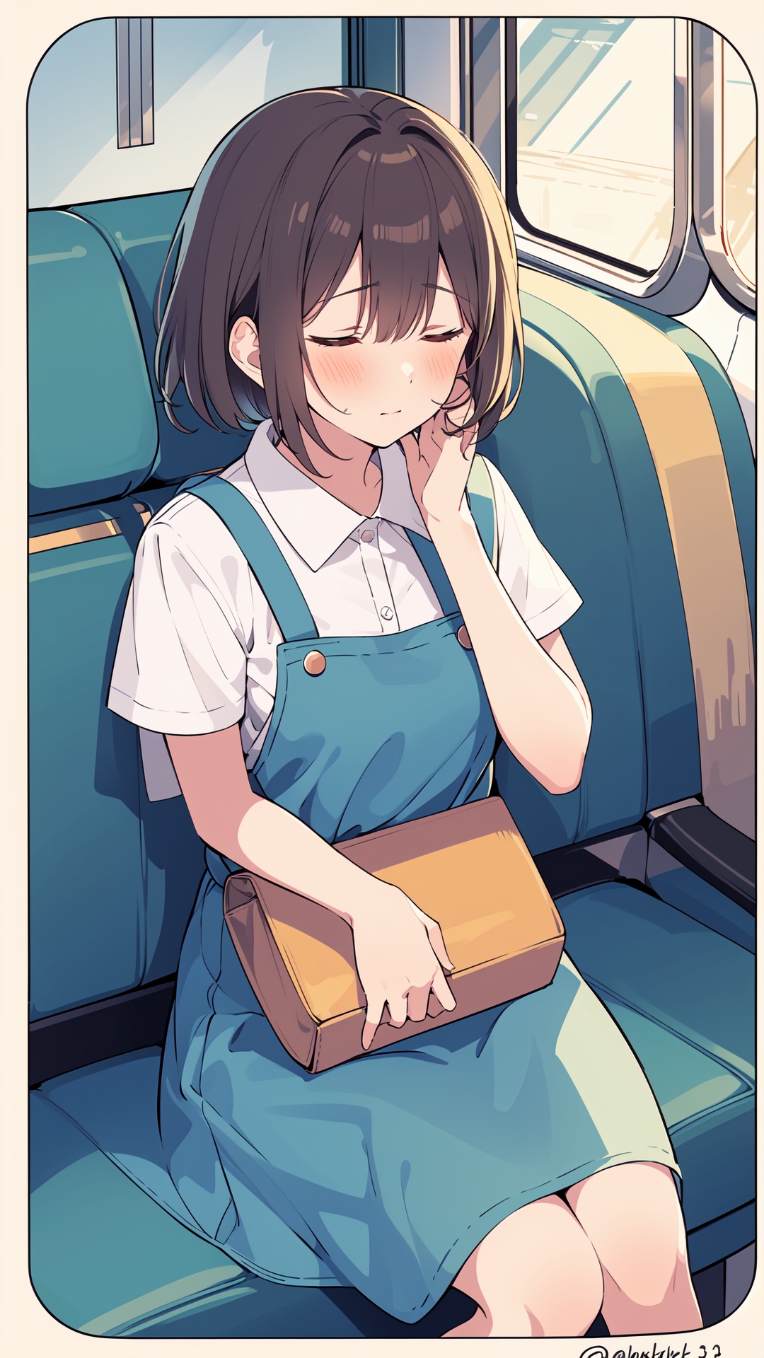 1girl, train interior, sitting, solo, closed eyes, brown hair, bag, shirt, dress, white shirt, short hair, blush, short sleeves, sleeping, holding, collared shirt, pinafore dress, blue dress, phone, bangs, hand on own face, twitter username, cellphone, closed mouth, holding phone