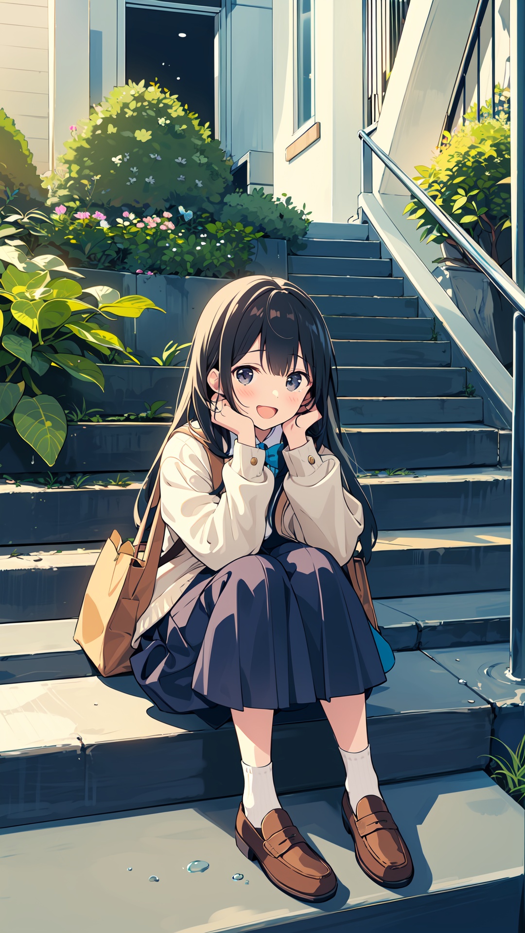 1girl, black hair, stairs, sitting, long hair, solo, bag, socks, shoes, skirt, food, smile, jacket, bottle, fruit, brown footwear, head rest, open mouth, looking at viewer, school uniform, railing, black eyes, outdoors, bangs, loafers, long sleeves, hands on own face, black socks, blue skirt, plant, hands on own cheeks, shirt, jacket on shoulders, shopping bag, white shirt, water bottle, :d, plastic bag