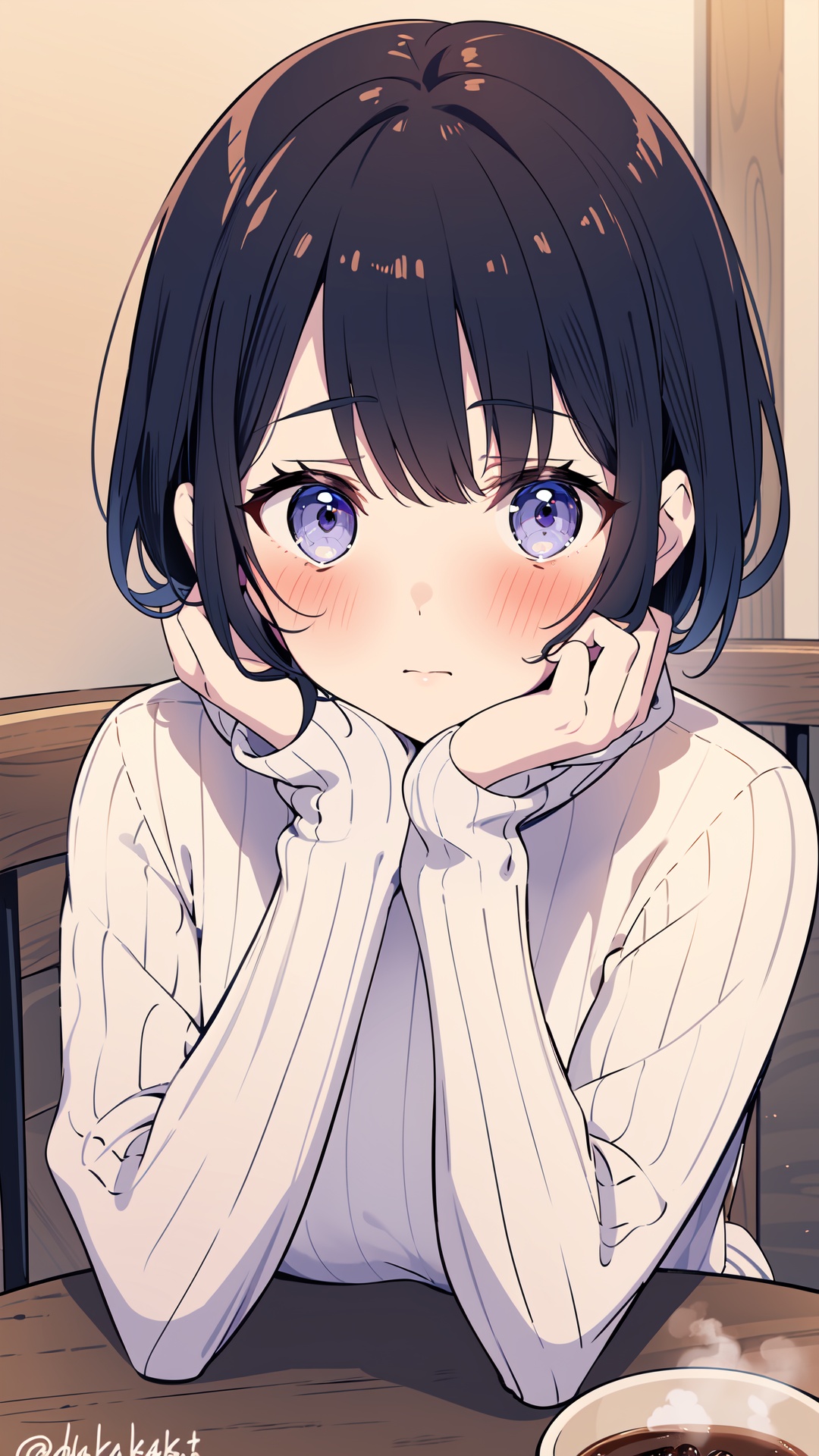 sweater, blush, purple eyes, white sweater, cup, black hair, 1girl, bangs, looking at viewer, long sleeves, indoors, closed mouth, ribbed sweater, sitting, short hair, head rest, table, solo focus, sleeves past wrists, coffee mug, hands up, mug, upper body, turtleneck sweater, coffee, twitter username
