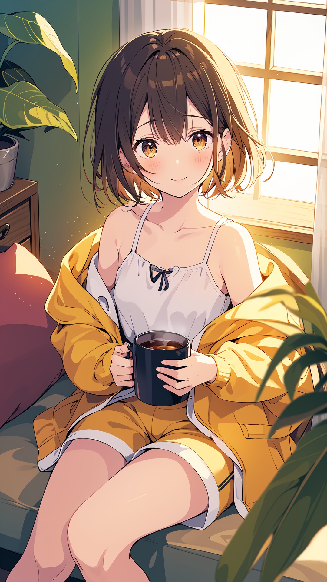 1girl, solo, brown hair, brown eyes, cup, window, sitting, blush, holding cup, holding, shorts, short hair, pillow, indoors, plant, mug, curtains, potted plant, blurry, camisole, sunlight, off shoulder, collarbone, shirt, bangs, smile, closed mouth, white shirt, yellow shorts, jacket, long sleeves, depth of field, twitter username, open clothes