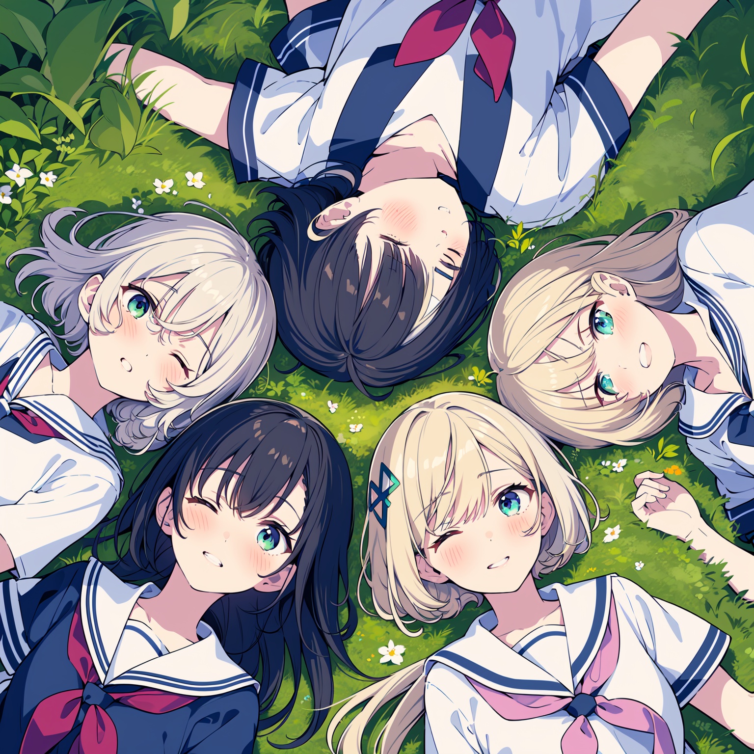 grass, multiple girls, school uniform, blue eyes, brown hair, green eyes, lying, short hair, one eye closed, smile, long hair, black hair, on back, 4girls, closed eyes, open mouth, neckerchief, blush, sailor collar, serafuku, hair ornament, blonde hair, shirt, grin, ribbon, white sailor collar, short sleeves, bangs, holding, parted lips