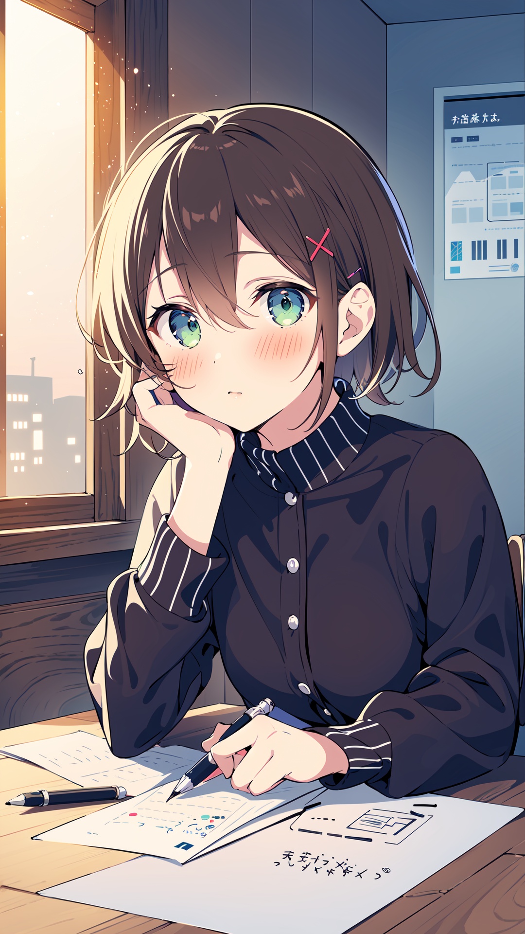 1girl, solo, hair ornament, brown hair, x hair ornament, short hair, green eyes, looking at viewer, blush, holding, paper, indoors, closed mouth, bangs, long sleeves, pencil, pen, holding pen, window, hair between eyes, hairclip, upper body, holding pencil, mechanical pencil, desk