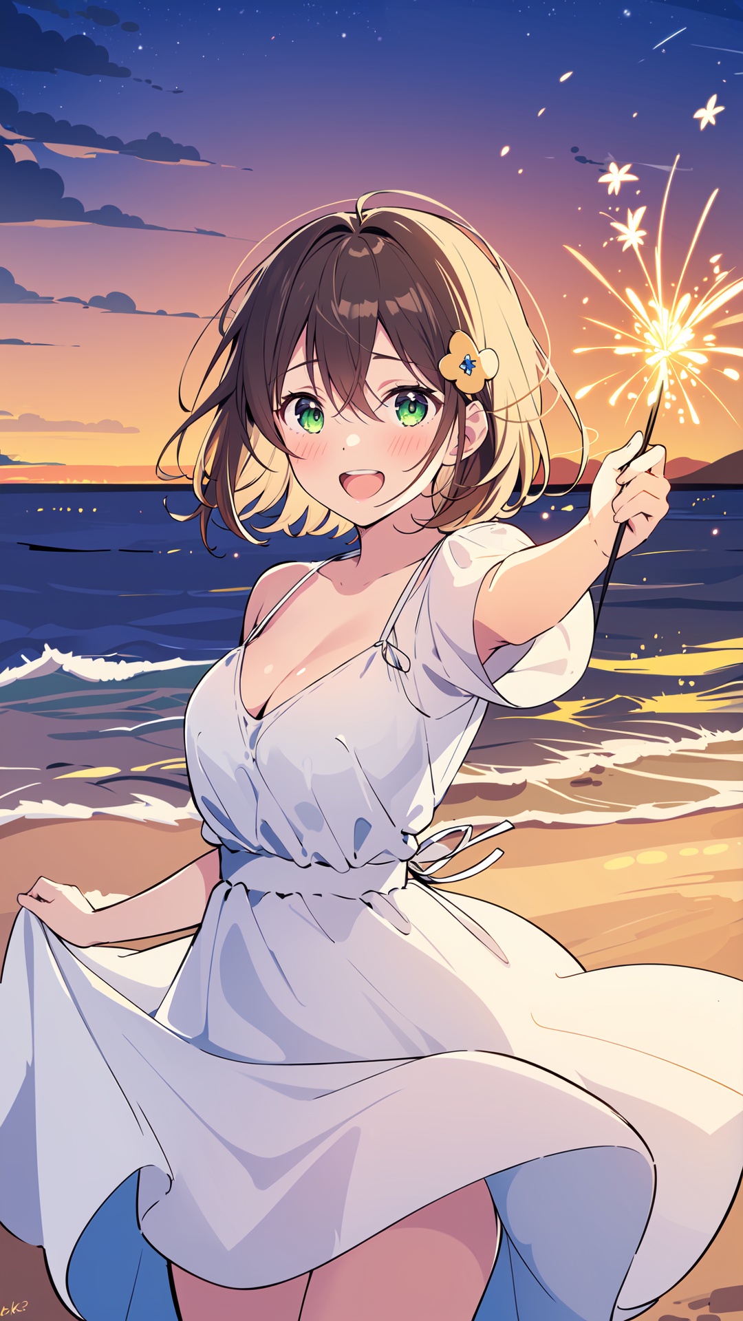 1girl, fireworks, sparkler, dress, white dress, solo, green eyes, brown hair, smile, open mouth, breasts, looking at viewer, blush, holding, sky, cleavage, outdoors, ocean, bangs, skirt hold, :d, medium breasts, sunset, hair between eyes, musical note hair ornament, night, medium hair, teeth