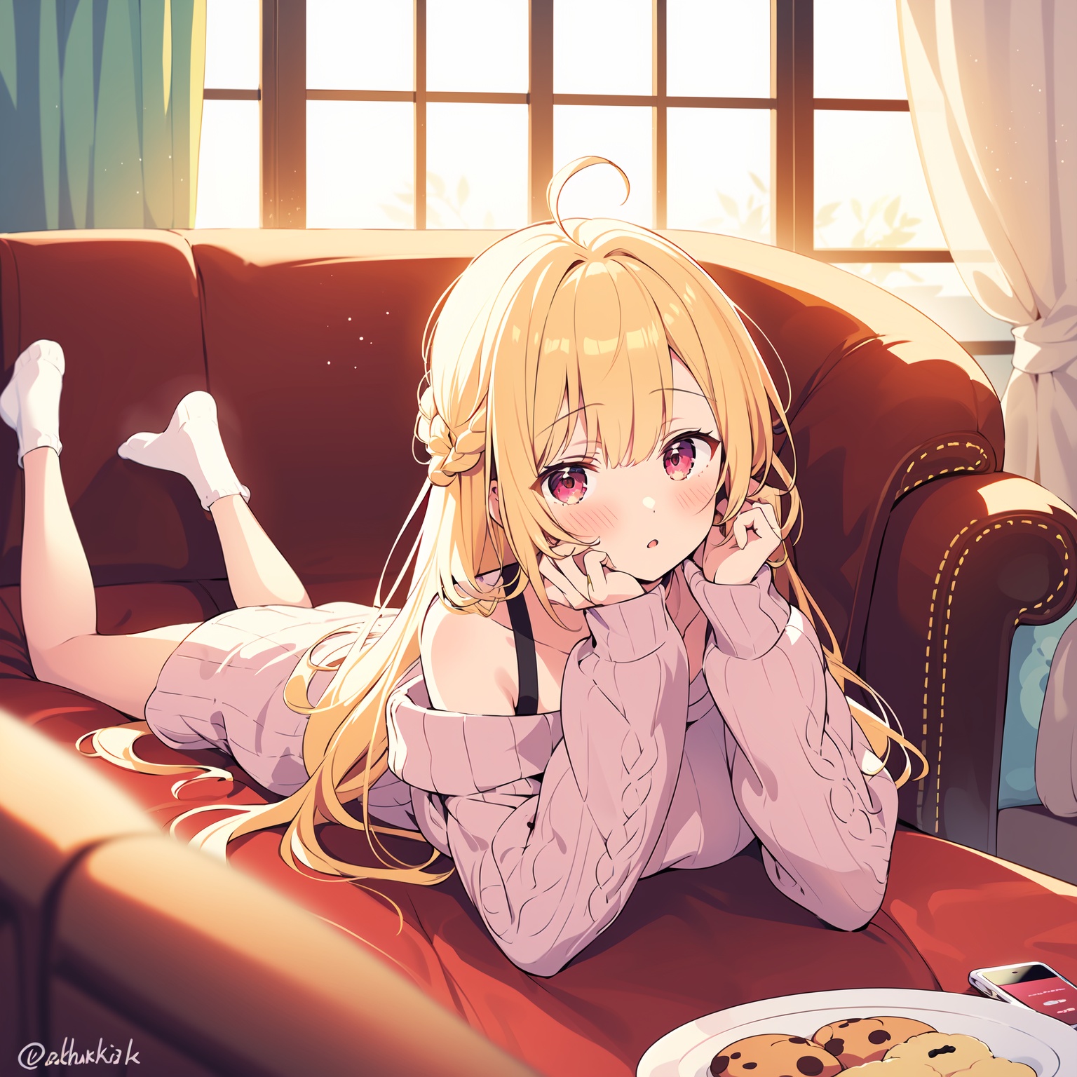 1girl, solo,  barefoot,sweater, long hair, indoors, food, cup, blonde hair, phone, looking at viewer, lying, braid, off shoulder, table, bangs, long sleeves, cellphone, no shoes, stuffed animal, stuffed toy, off-shoulder sweater, blush, ahoge, on stomach, couch, plate, parted lips, cookie, blurry, sunlight, bare shoulders, window, brown sweater, mug, choker, curtains, puffy sleeves, legs up, pink sweater, teddy bear, yellow socks, smartphone, blurry background, depth of field, on couch, sleeves past wrists, day, twitter username, collarbone, red eyes, saucer