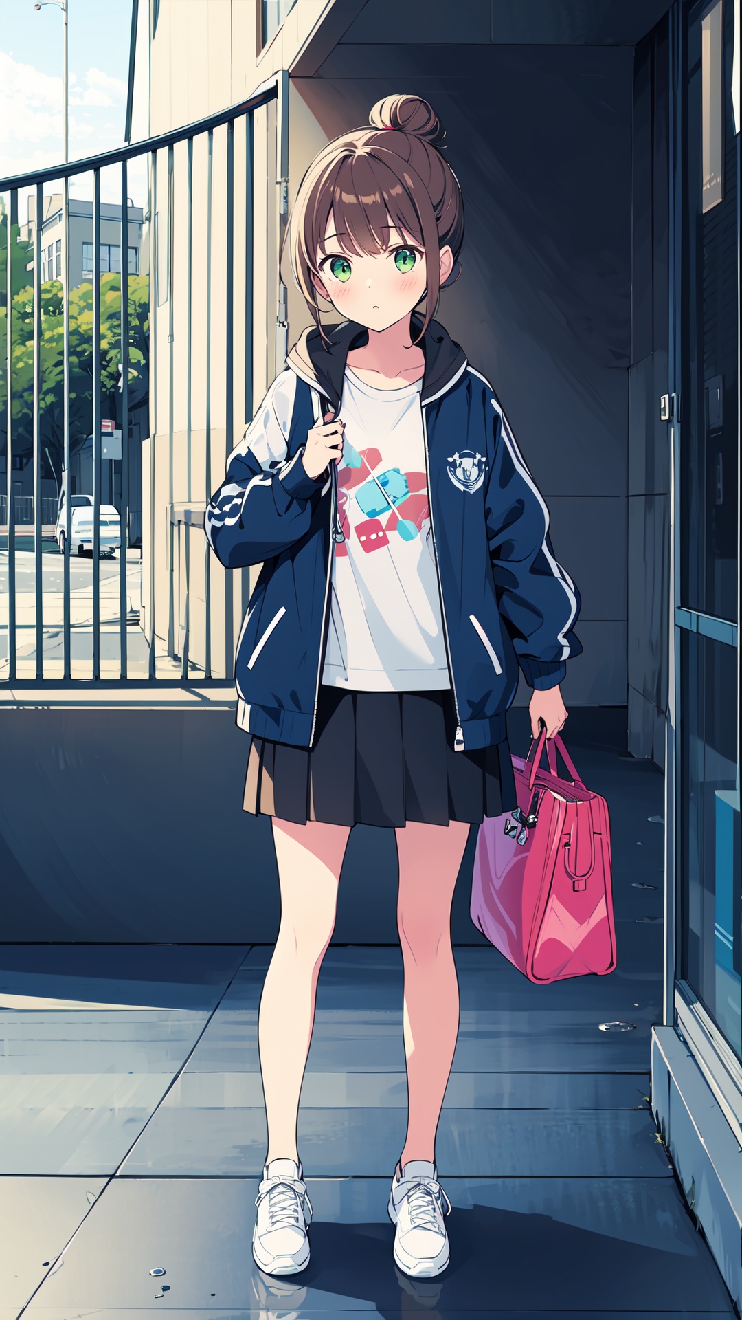 1girl, skirt, solo, umbrella, single hair bun, phone, holding, outdoors, hair bun, shoes, bag, jacket, shirt, transparent, sneakers, cellphone, white shirt, brown hair, holding phone, blush, standing, holding umbrella, reflection, belt, transparent umbrella, bangs, shoulder bag, white footwear, smartphone, open clothes, blue jacket, green eyes, fence, open jacket