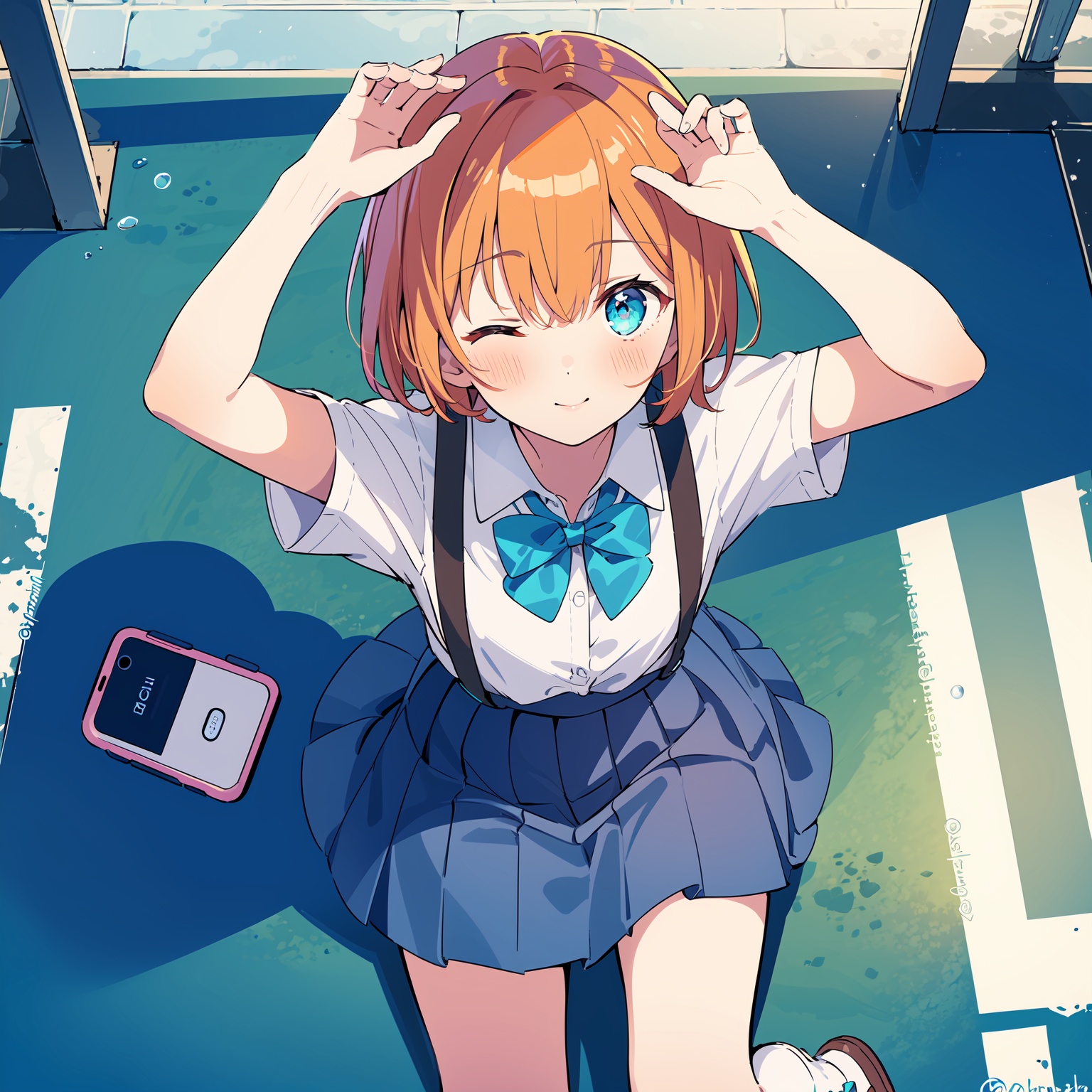 1girl, one eye closed, solo, skirt, school uniform, shirt, blue skirt, cellphone, short hair, blush, socks, phone, looking at viewer, white shirt, brown footwear, sitting, bow, suspenders, shoes, pleated skirt, short sleeves, orange hair, white socks, bangs, smartphone, aqua eyes, arm up, suspender skirt, looking up, bowtie, reflection, blue eyes, twitter username, from above, outdoors, sky