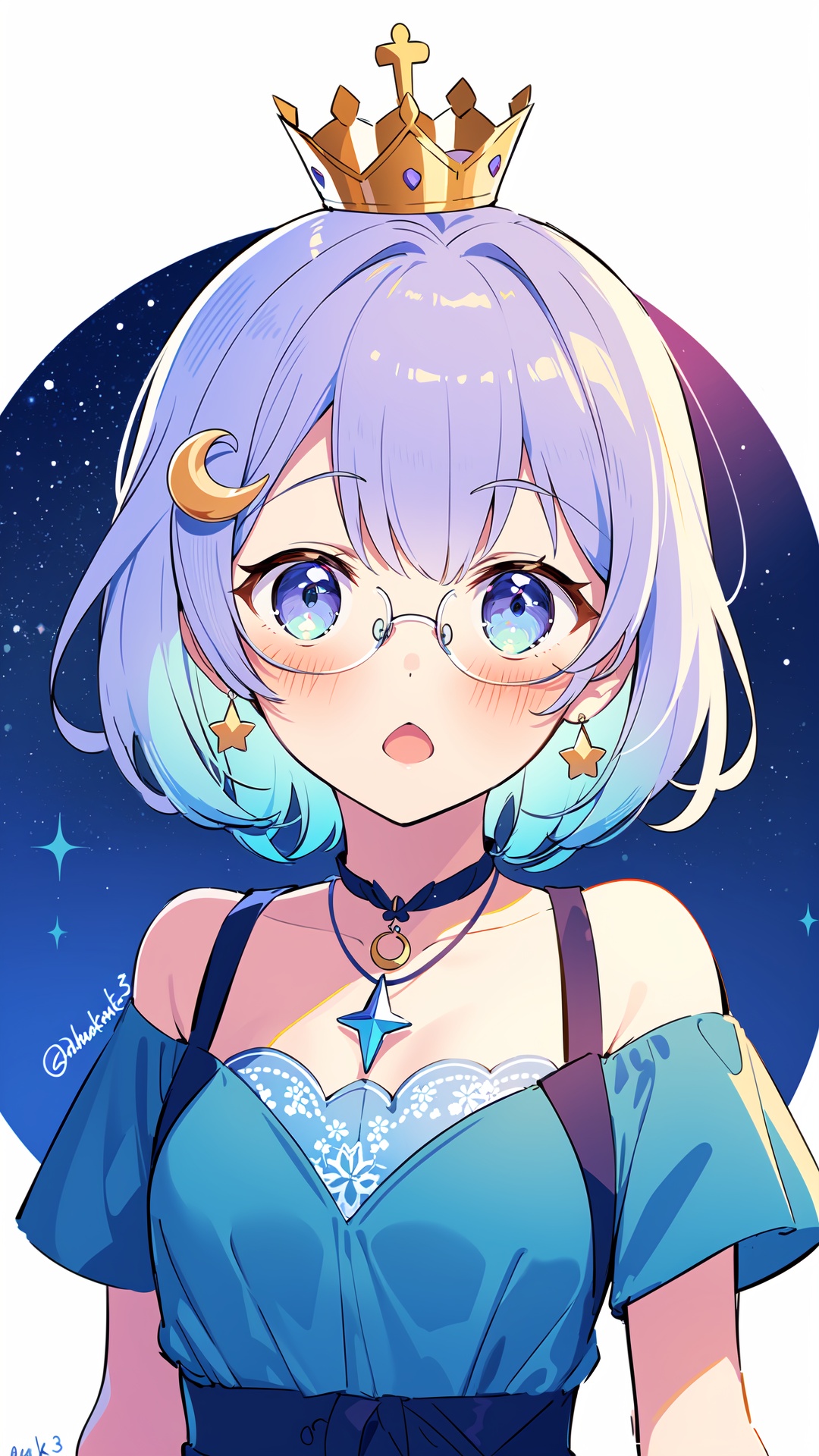 1girl, himemori luna, solo, virtual youtuber, jewelry, heterochromia, dress, crown, pink hair, purple eyes, hair ornament, earrings, glasses, food-themed hair ornament, ahoge, multicolored hair, candy hair ornament, crescent earrings, green eyes, necklace, mini crown, looking at viewer, blush, bracelet, blue dress, crescent, short hair, bangs, gradient hair, purple hair, white background, starry sky print, twitter username, open mouth, star (symbol), simple background, off shoulder, hairclip, :o, blue hair, collarbone, upper body