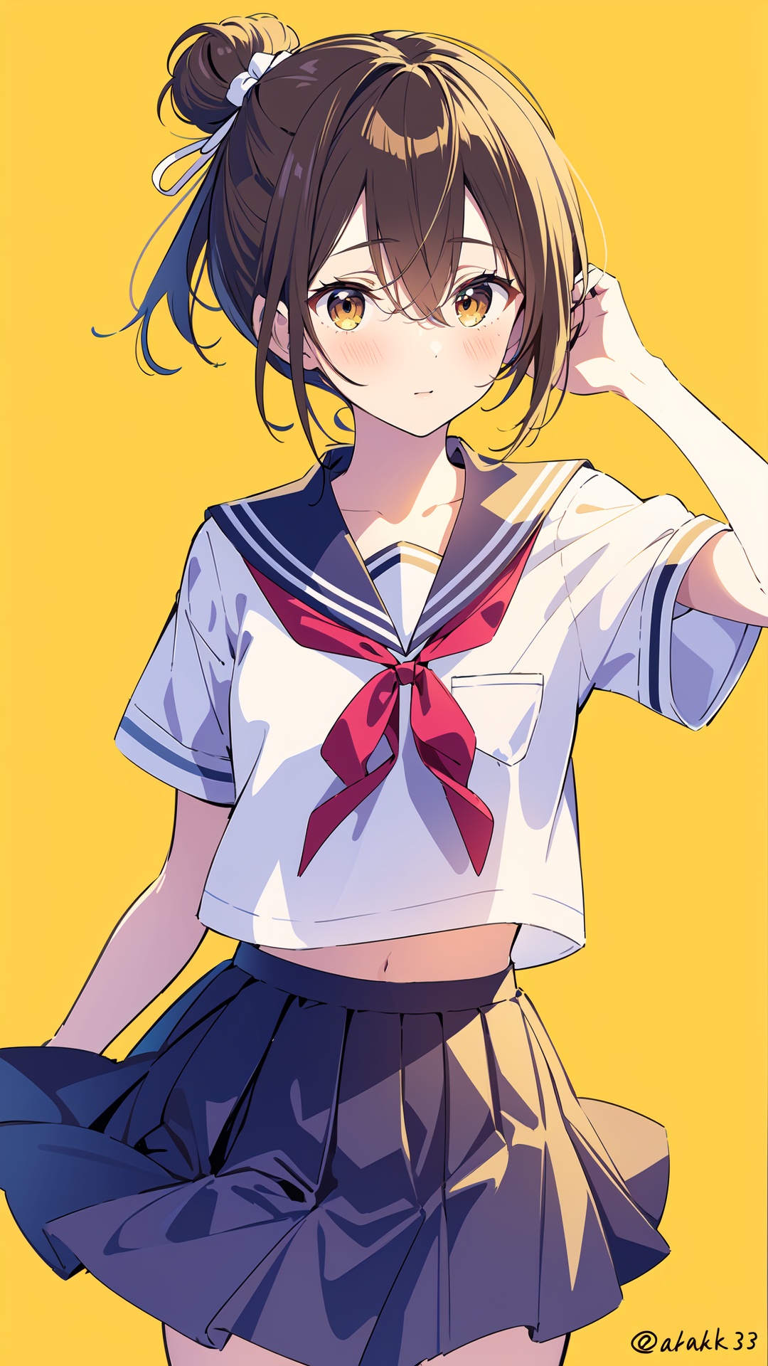 1girl, solo, skirt, brown hair, school uniform, white sailor collar, brown eyes, short sleeves, hair bun, single hair bun, sailor collar, red ribbon, shirt, looking at viewer, ribbon, pleated skirt, white shirt, serafuku, hair between eyes, bangs, short hair, neck ribbon, blush, twitter username, two-tone background, yellow background, collarbone, cowboy shot, blue skirt, simple background