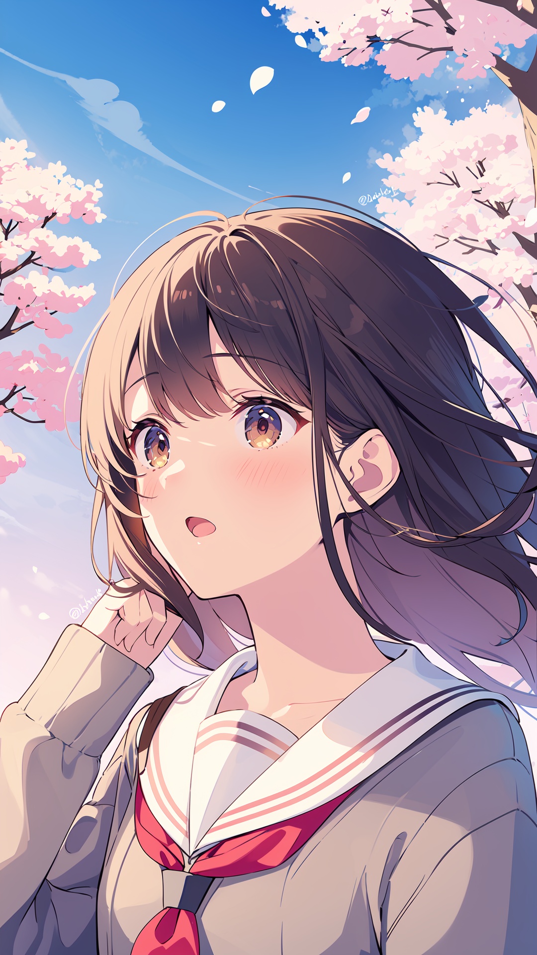 1girl, solo, long hair, brown hair, school uniform, cherry blossoms, outdoors, brown eyes, serafuku, sky, upper body, white sailor collar, petals, sailor collar, bangs, day, red neckerchief, flower, long sleeves, neckerchief, hand up, twitter username, blue sky, tree, parted lips, open mouth, cloud, cardigan, floating hair, sleeves past wrists