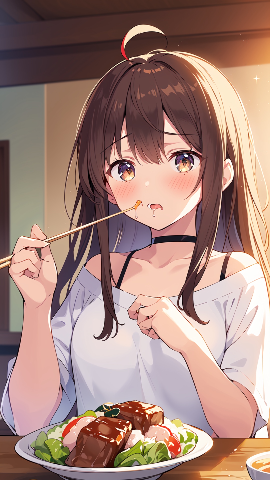 1girl, solo, food, holding, chopsticks, long hair, holding chopsticks, shirt, white shirt, blush, bangs, brown hair, looking at viewer, drooling, ahoge, brown eyes, off shoulder, sparkle, blurry background, choker, indoors, bowl, blurry, bow, off-shoulder shirt, +_+, black choker, holding spoon, collarbone, hair bow, upper body, light brown hair, short sleeves
