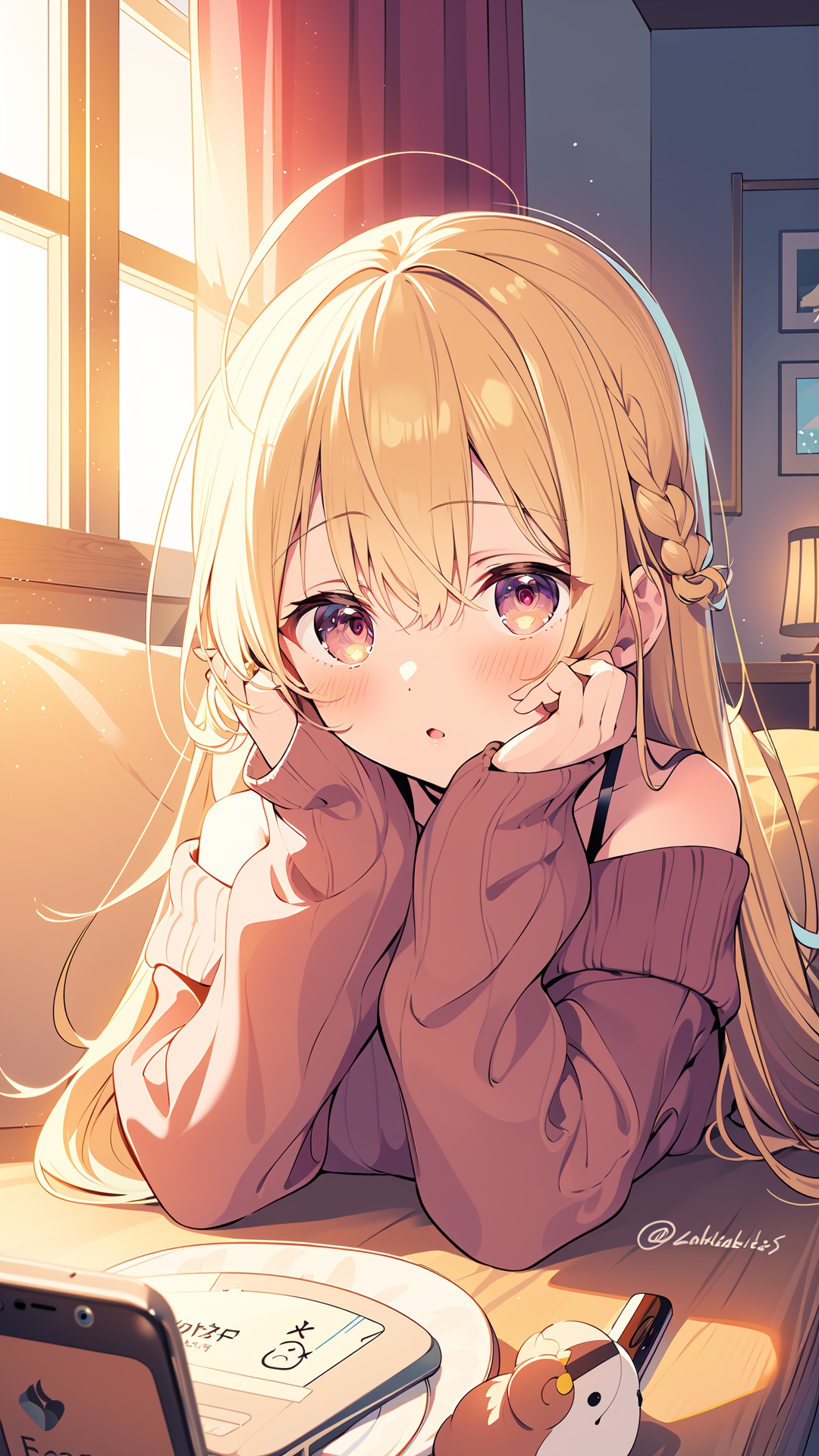 1girl, solo, socks, sweater, long hair, indoors, food, cup, blonde hair, phone, looking at viewer, lying, braid, off shoulder, table, bangs, long sleeves, cellphone, no shoes, stuffed animal, stuffed toy, off-shoulder sweater, blush, ahoge, on stomach, couch, plate, parted lips, cookie, blurry, sunlight, bare shoulders, window, brown sweater, mug, choker, curtains, puffy sleeves, legs up, pink sweater, teddy bear, yellow socks, smartphone, blurry background, depth of field, on couch, sleeves past wrists, day, twitter username, collarbone, red eyes, saucer