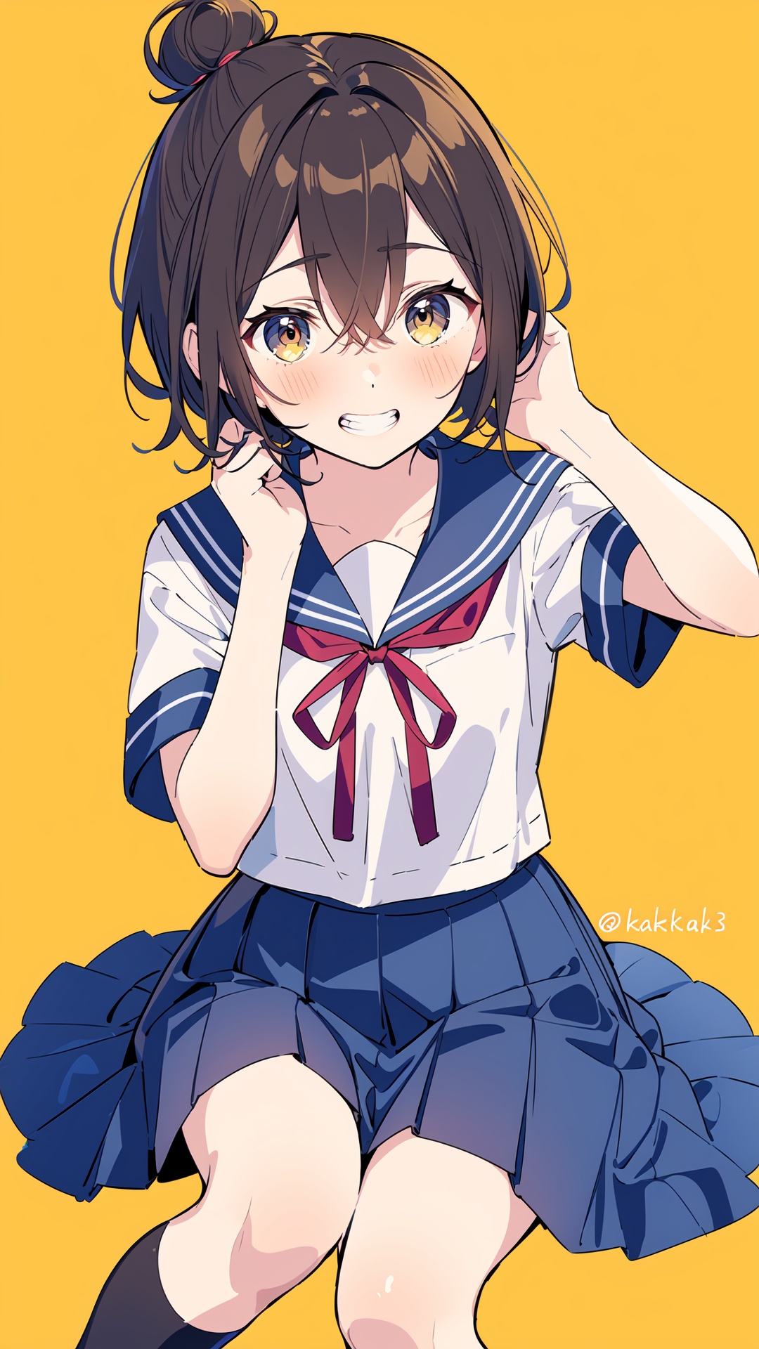 1girl, solo, brown hair, skirt, school uniform, smile, brown eyes, hair bun, single hair bun, short sleeves, red ribbon, simple background, socks, white sailor collar, shirt, ribbon, looking at viewer, pleated skirt, white socks, yellow background, white shirt, grin, serafuku, sailor collar, bangs, neck ribbon, blush, sitting, twitter username, kneehighs, black skirt, knee up, short hair, hair between eyes, hands up, blue skirt