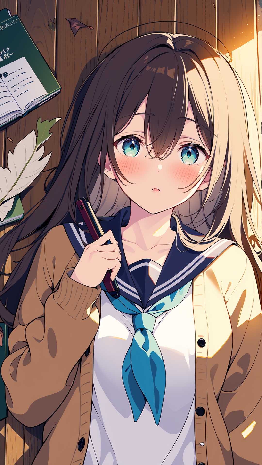 1girl, solo, school uniform, lying, green eyes, on back, mask, brown hair, looking at viewer, on floor, book, serafuku, blue neckerchief, sailor collar, white shirt, neckerchief, leaf, blush, cardigan, shirt, ginkgo leaf, mouth mask, open clothes, bangs, twitter username, parted lips, open cardigan, collarbone, long sleeves, holding leaf, holding, wooden floor, hair between eyes, upper body, surgical mask, long hair, indoors, brown cardigan, skirt, from above, autumn leaves, blue sailor collar, notebook