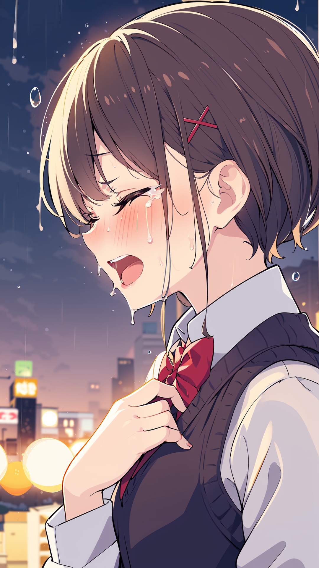 1girl, solo, rain, brown hair, closed eyes, short hair, open mouth, hair ornament, shirt, tears, bow, crying, school uniform, white shirt, red bow, bowtie, blurry background, x hair ornament, red bowtie, upper body, blurry, long sleeves, blush, sweater vest, collared shirt, from side, bangs, outdoors, vest, hairclip, hand on own chest, teeth