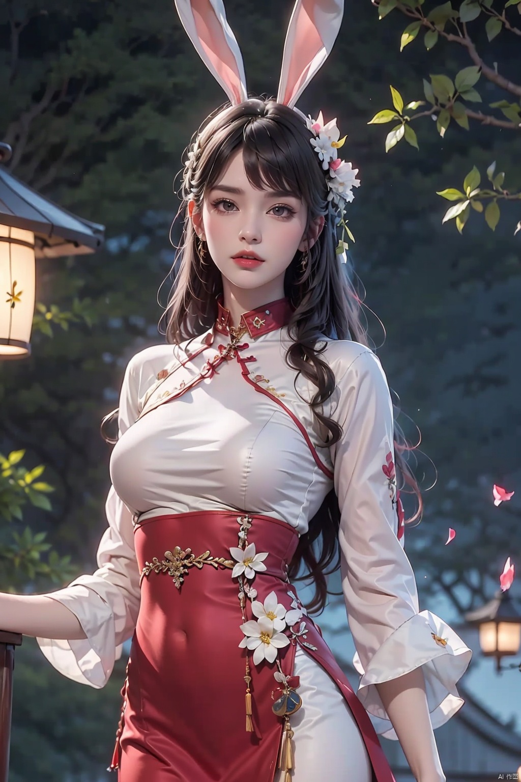 masterpiece,(the best:1.1),wallpaper,8K,absurdres,a high-resolution,superdetailing,
high detail skin,beauty face,PERFECT FACE,white and shiny skin,detailed skin,
mid_shot,Volumetric Lighting,simple background,grey background,
solo,medium breasts,open your legs,perfect proportion,
1girl,dress,pink dress,hair ornament,upper body,long hair,brown hair,solo,flower,animal ears,rabbit ears,metal collar,branch,collar,lantern,night,petals 