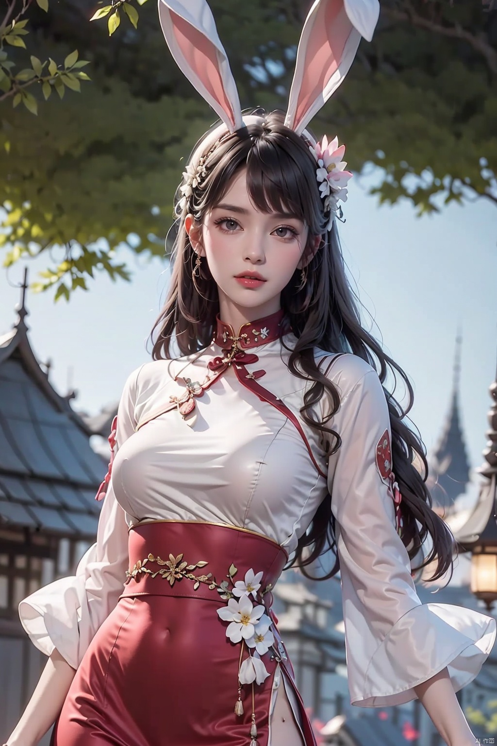 masterpiece,(the best:1.1),wallpaper,8K,absurdres,a high-resolution,superdetailing,
high detail skin,beauty face,PERFECT FACE,white and shiny skin,detailed skin,
mid_shot,Volumetric Lighting,simple background,grey background,
solo,medium breasts,open your legs,perfect proportion,
1girl,dress,pink dress,hair ornament,upper body,long hair,brown hair,solo,flower,animal ears,rabbit ears,metal collar,branch,collar,lantern,night,petals 