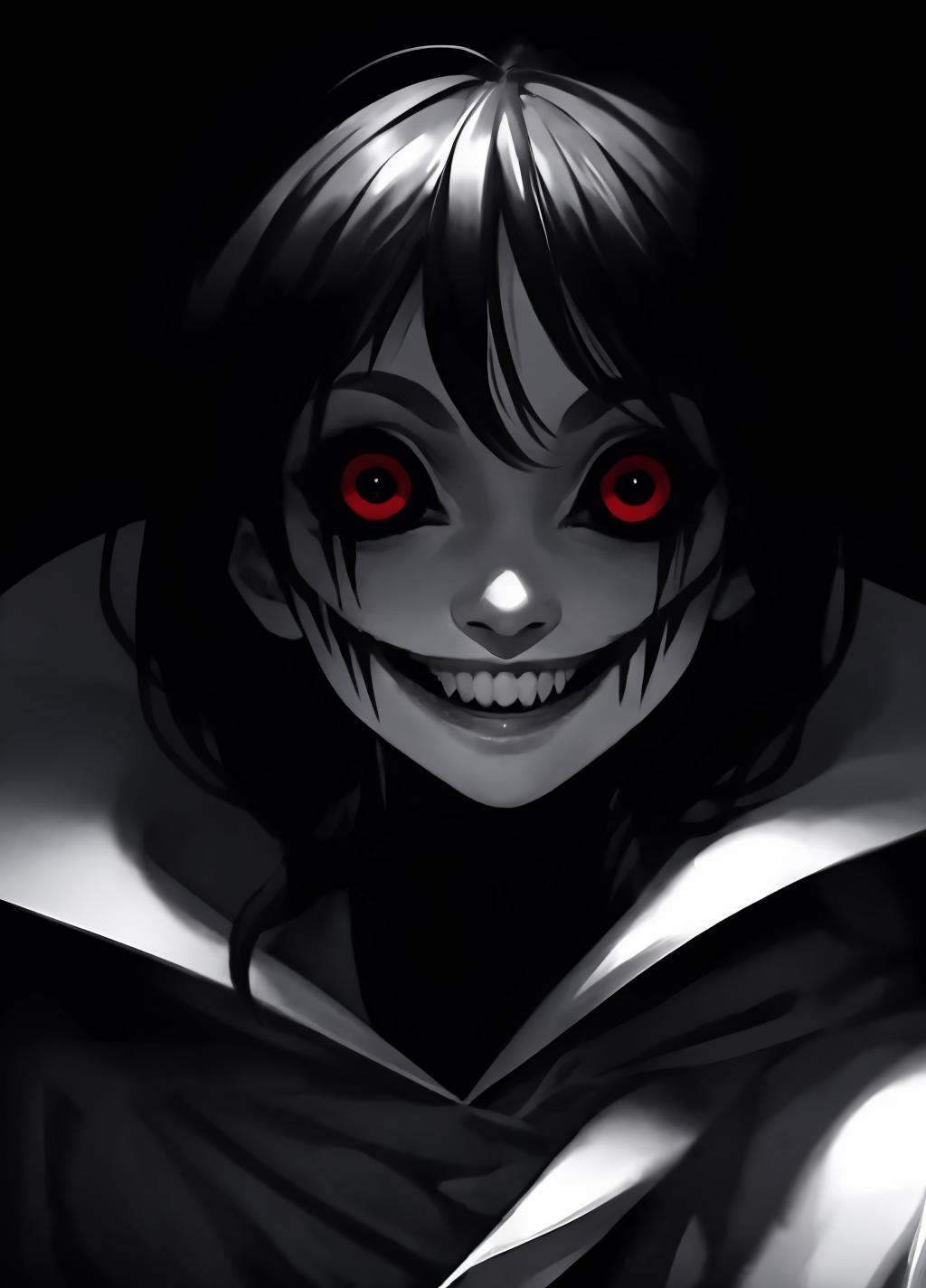 dark theme, horror theme, creepy_pasta, monochrome, greyscale, 1girl, crazy eyes, teeth, grin, looking at viewer, <lora:creepy_pasta-10:1>, <lora:LowRA:0.8>