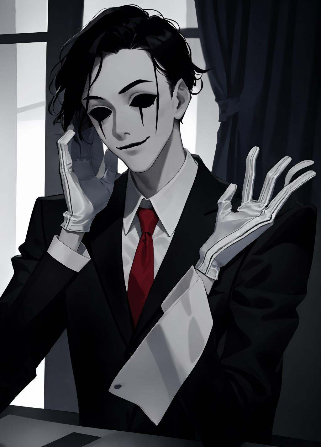 dark theme, horror theme, creepy_pasta, faceless, male focus, 1boy, shirt, gloves, long sleeves, jacket, white shirt, upper body, necktie, collared shirt, white gloves, black jacket, formal, suit, red necktie, <lora:creepy_pasta-10:1>, <lora:LowRA:0.8>