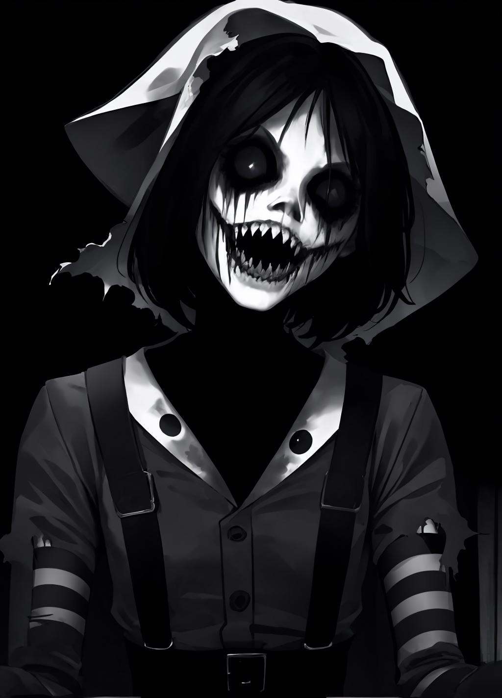 dark theme, horror theme, creepy_pasta, greyscale, monochrome, short hair, zombie, open mouth, teeth, sharp teeth, striped, torn clothes, suspenders, <lora:creepy_pasta-10:1>, <lora:LowRA:0.8>