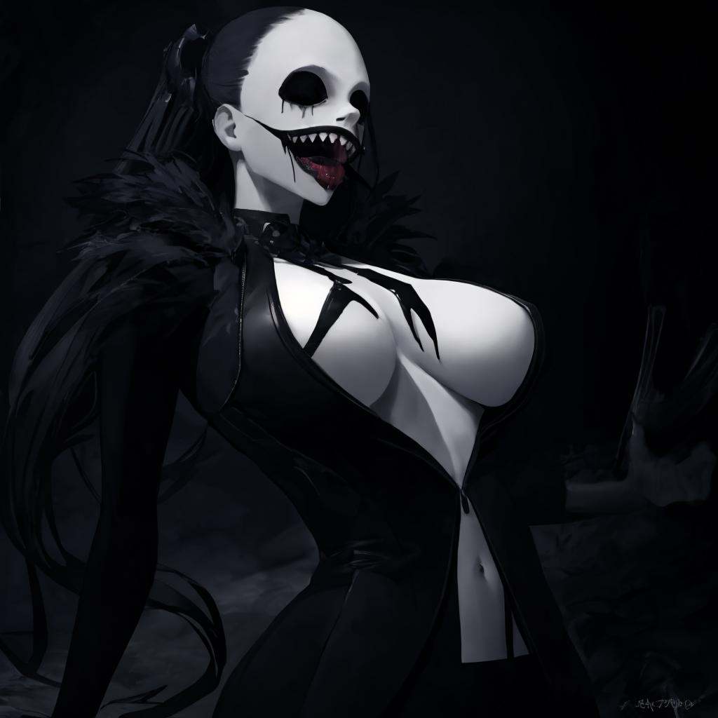 dark theme, horror theme, creepy_pasta, monster, 1girl, teeth, sharp teeth, long tongue, tongue out, tongue, saliva, large breasts, upper body, <lora:creepy_pasta-10:1>, <lora:LowRA:0.8>