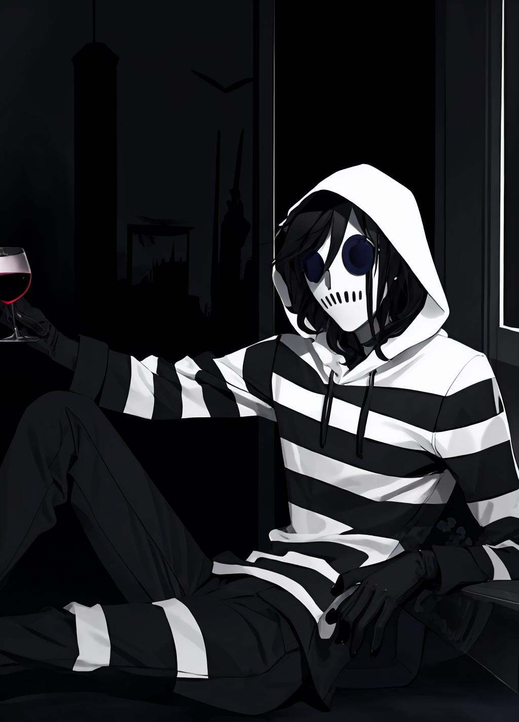 dark theme, horror theme, creepy_pasta, mask, 1boy, male focus, hoodie, gloves, white gloves, striped, hood, scarf, striped scarf, black nails, alcohol, drinking glass, cup, wine glass, wine, sitting, window, <lora:creepy_pasta-10:1>, <lora:LowRA:0.8>