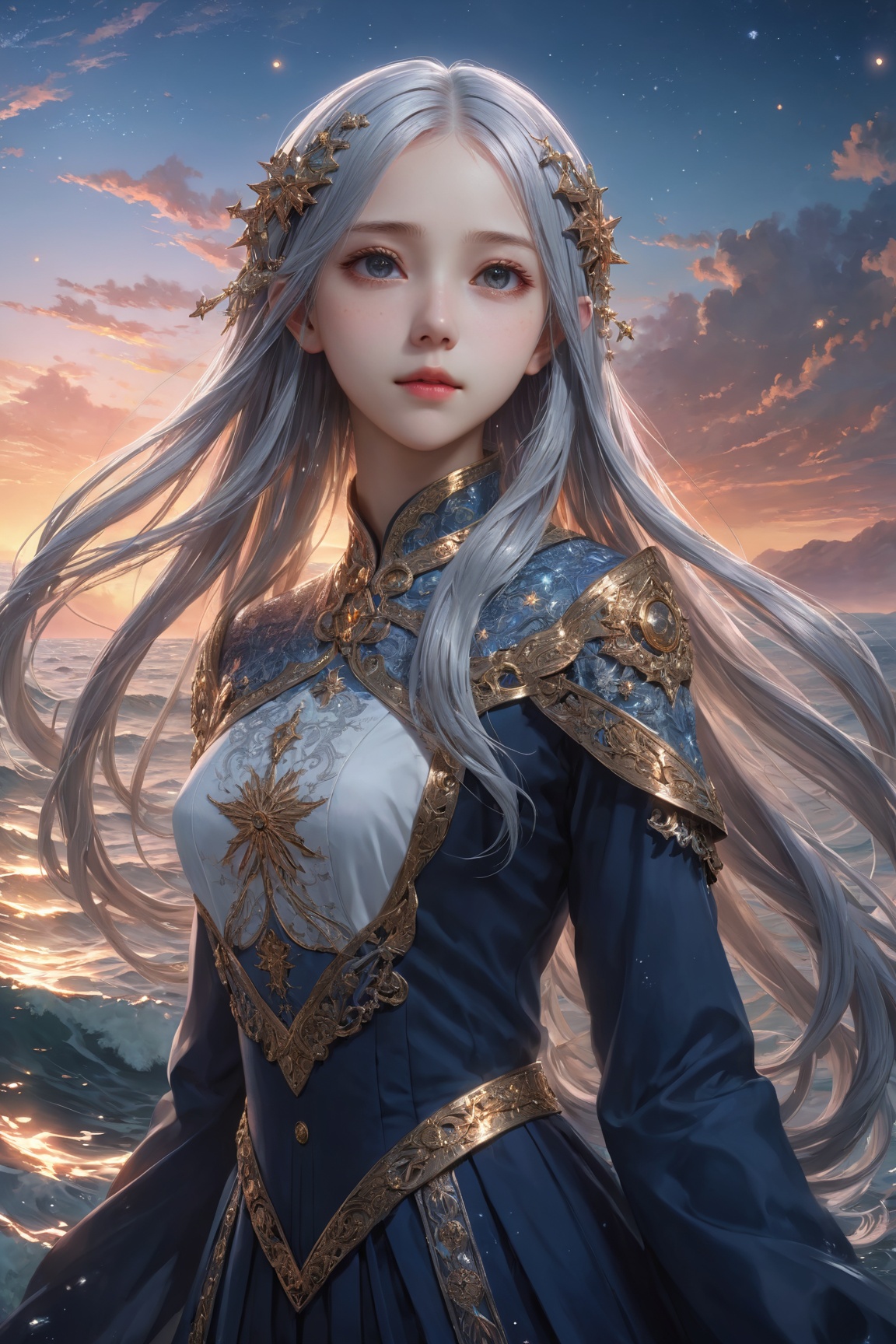 ((masterpiece)), ((best quality)), ((illustration)), extremely detailed,style girl, long shot, small breast,light grey very_long_hair, scifi hair ornaments, beautiful detailed deep eyes, beautiful detailed sky, beautifuldetailed water, cinematic lighting, dramatic angle, (very long sleeves), frills, formal, close to viewer, (an extremely delicate and beautiful),best quality,highres,official art,extremely detailed CG unity 8k wallpaper,  ((starry sky)), star river,array stars, Holy, noble, ((oil painting)) , ((wallpaper 8k CG)), (realistic), Concept Art, vary blue and red and orange and pink hard light, intricate light, dynamic hair, haircut, dynamic fuzziness, beautiful and aesthetic, intricate light, manga and anime