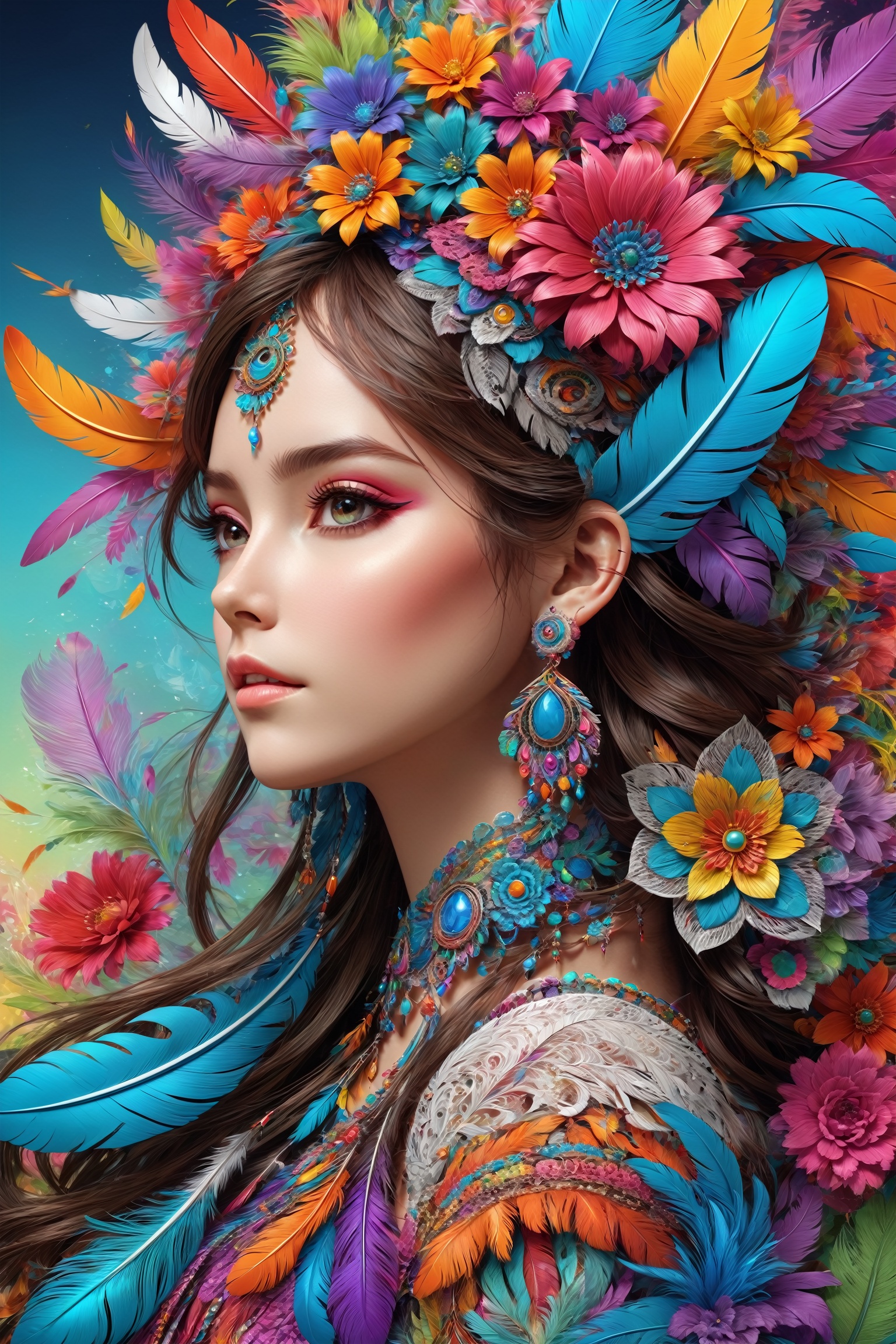 (masterpiece, top quality, best quality, official art, beautiful and aesthetic:1.2), (1girl:1.3), extremely detailed,(fractal art:1.1),(colorful:1.1)(flowers:1.3),highest detailed,(zentangle:1.2), (dynamic pose), (abstract background:1.3), (many colors:1.4), ,(earrings), (feathers:1.5)