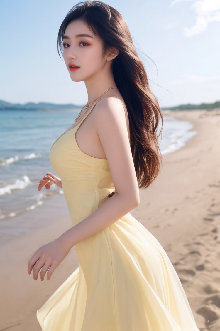  (best quality:1),(from_side:1.1),(fondle_breasts:1.1),18-years-old beautiful (open_see-through_yellow_dress,see-through_G-string,pantyshot,gradient hair,long wavy hair,necklace) girl,makeup,(running at the sandbeach),solo,light_blush,