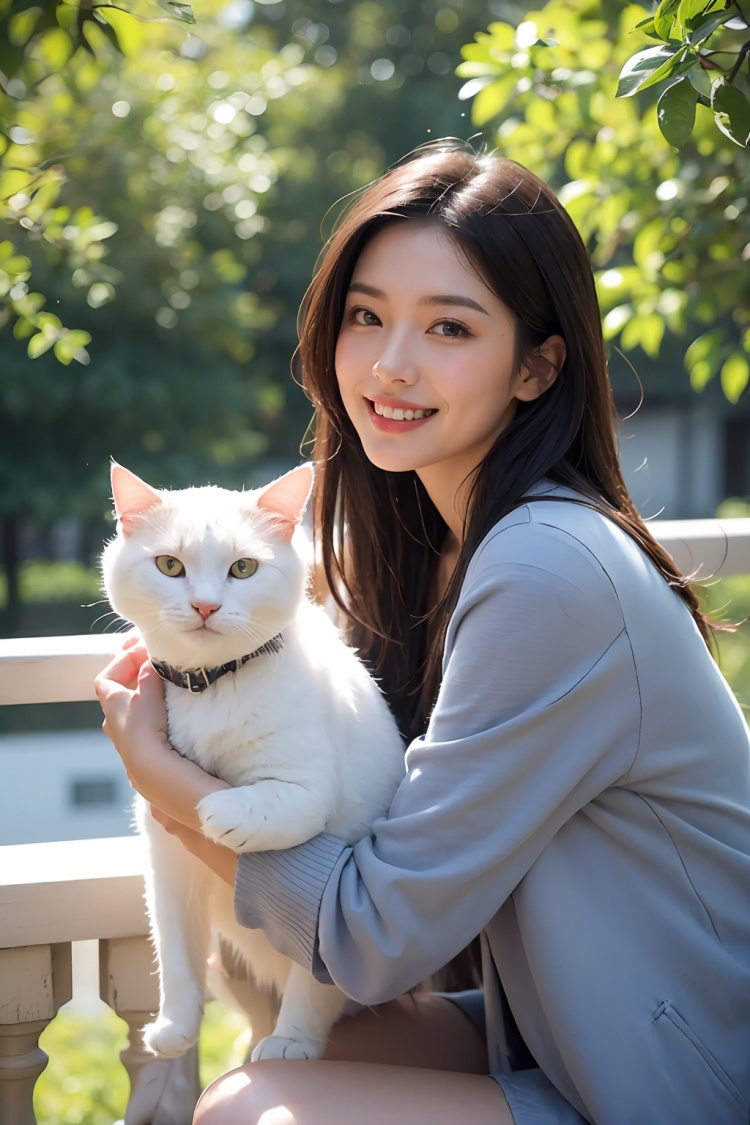  The image features a beautiful young Asian woman with long, dark hair sitting on a balcony with a cat in the background. The woman is looking into the camera with a smile on her face, her eyes sparkling with joy and contentment. Her hair is neatly styled and her makeup is natural yet enhance her features. She wears a black coat that complements her skin tone. The lighting in the image is natural and warm, casting a soft glow on the woman and the surrounding environment. The colors in the image are vibrant and rich, with the blue sky and green trees in the background providing a beautiful contrast to the woman and the cat. The style of the image is casual yet elegant, with the woman's outfit and the setting creating a relaxed and comfortable atmosphere. The quality of the image is excellent, with sharp details and smooth transitions between colors and tones. The woman's action in the image is sitting and smiling, with her hands resting on the railing. Her posture and facial expression convey a sense of happiness and contentment, as if she is enjoying a peaceful and pleasant moment. The woman's expression and the overall atmosphere of the image suggest a sense of relaxation and enjoyment. She seems to be in a good mood, perhaps enjoying a leisurely day or spending time with her cat. The image captures a moment of tranquility and happiness, making it a beautiful and memorable scene.,Film Photography