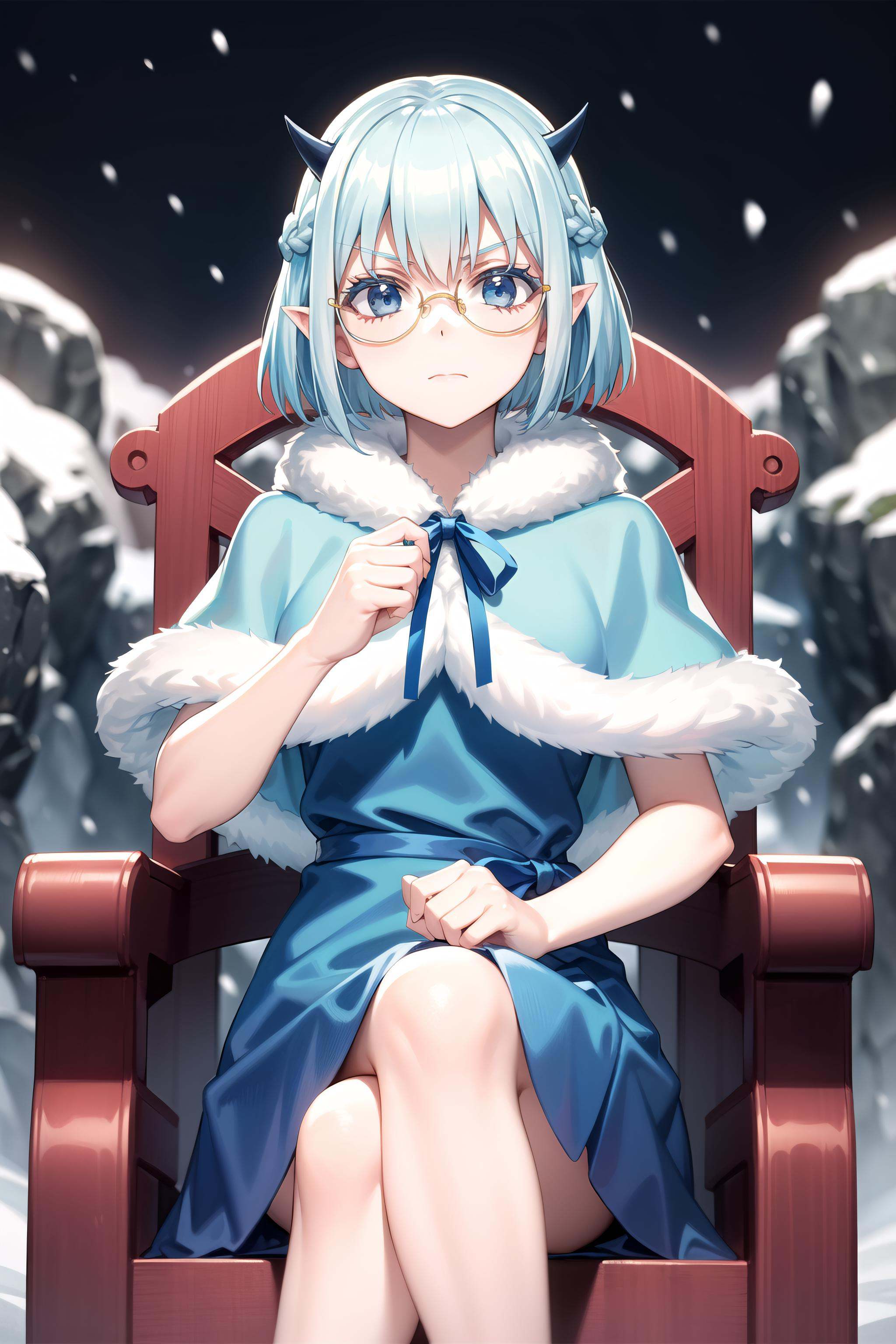 best quality, masterpiece, detailed,<lora:MairimashitaIrumaKun_CrocellKerori:0.8>, Crocell Kerori,closed mouth, serious,light blue hair, short hair, blue eyes, horns, round eyewear, french braid, pointy ears,KeroriFestivalDress, blue dress, blue capelet, fur trim, ribbon,sitting, looking at the viewer, crossed legs,night, throne, ice, snow, snowflakes, frost