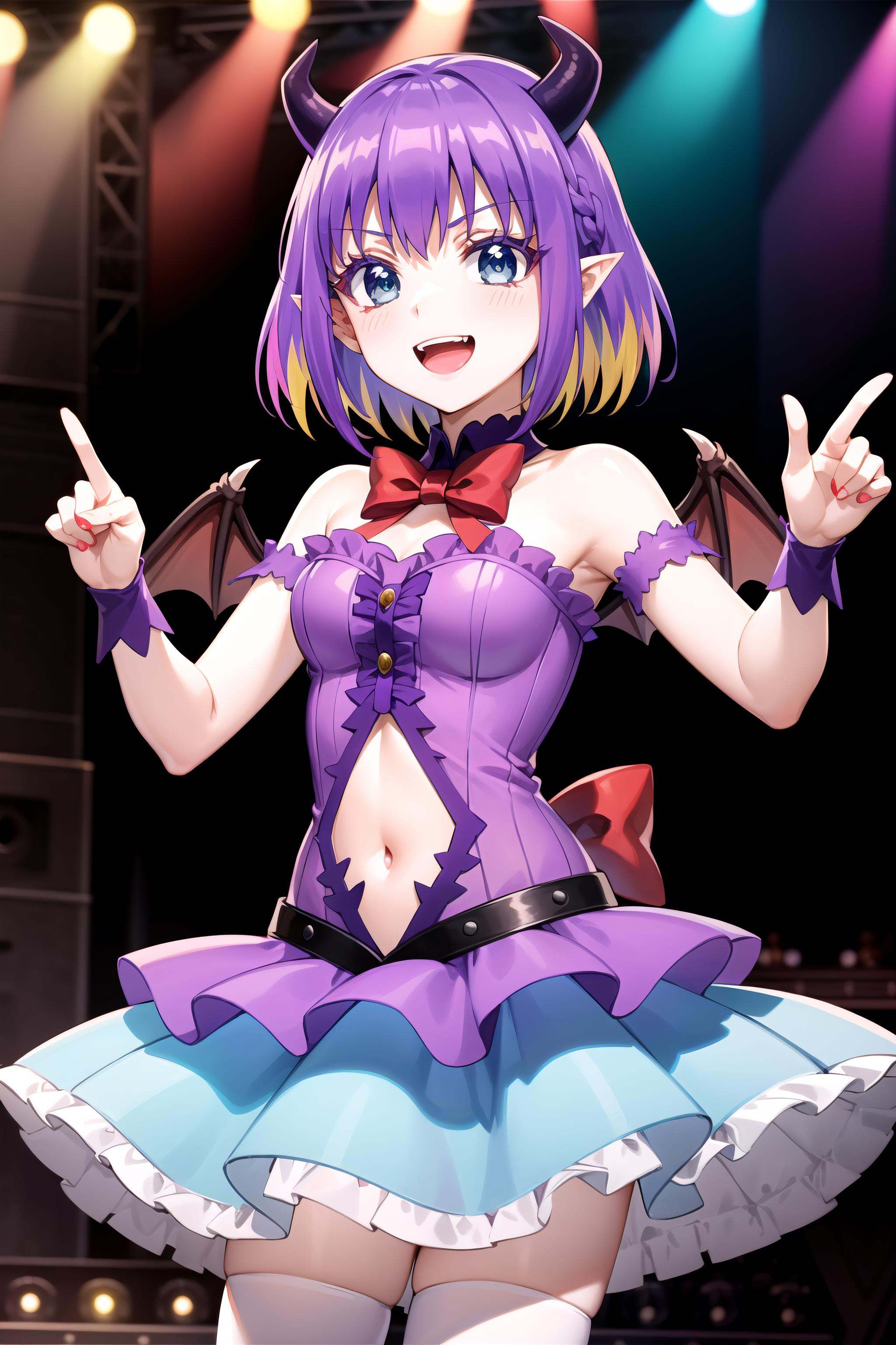 best quality, masterpiece, detailed,<lora:MairimashitaIrumaKun_CrocellKerori:0.8>, Crocell Kerori,smile, open mouth, teeth,multicolored hair, purple hair, short hair, blue eyes, horns, pointy ears,KuromuDress, bow, navel cutout, bare shoulders, demon wings, white thighhighs,standing, looking at the viewer,stage, music, idol