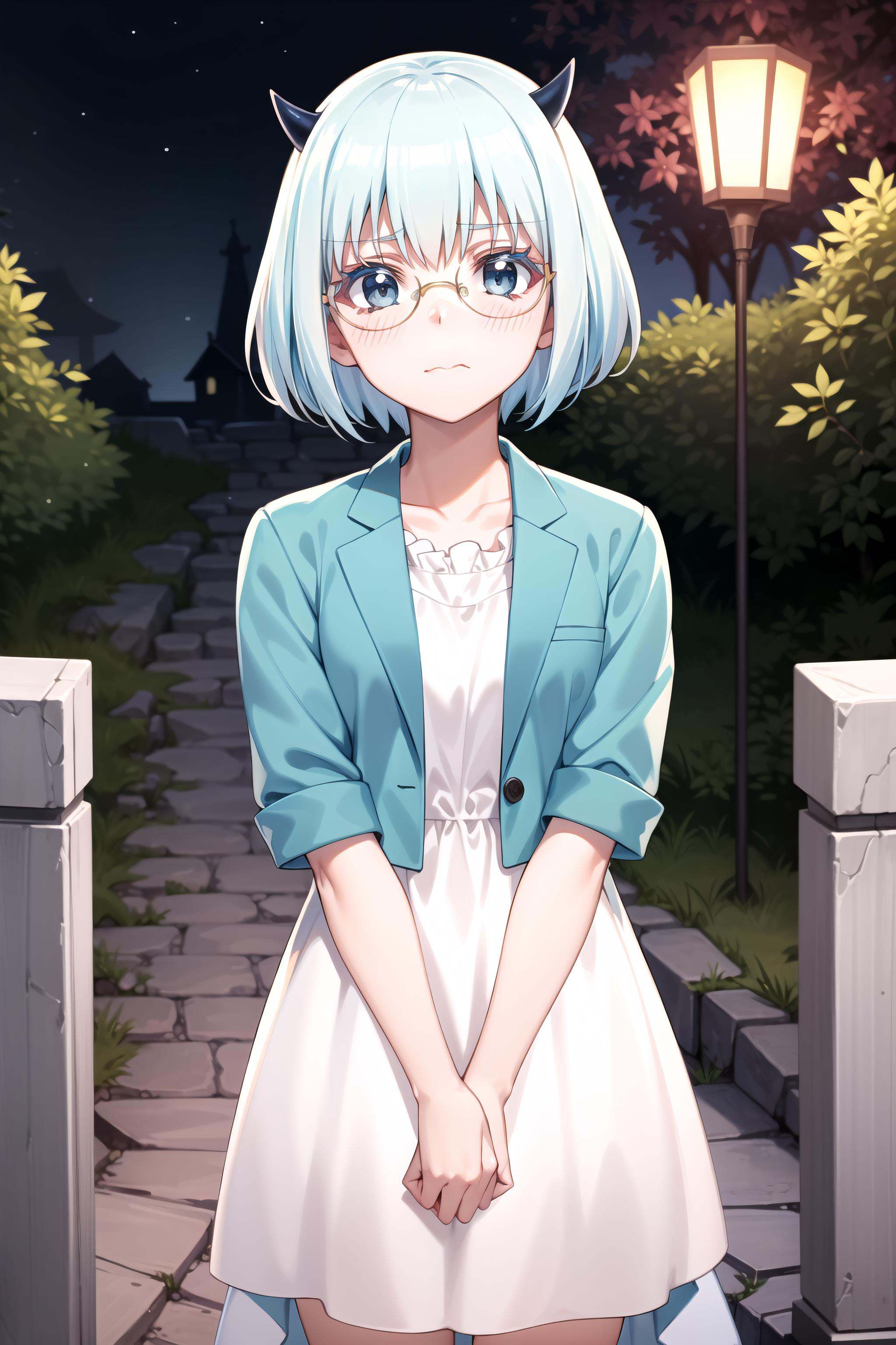 best quality, masterpiece, detailed,<lora:MairimashitaIrumaKun_CrocellKerori:0.8>, Crocell Kerori,closed mouth, light blush, wavy mouth,light blue hair, short hair, blue eyes, horns, round eyewear,KeroriCasual, grey dress, blue jacket, open jacket, short sleeves,standing, looking at the viewer,stone, lamp, nature, red tree, outdoors, night