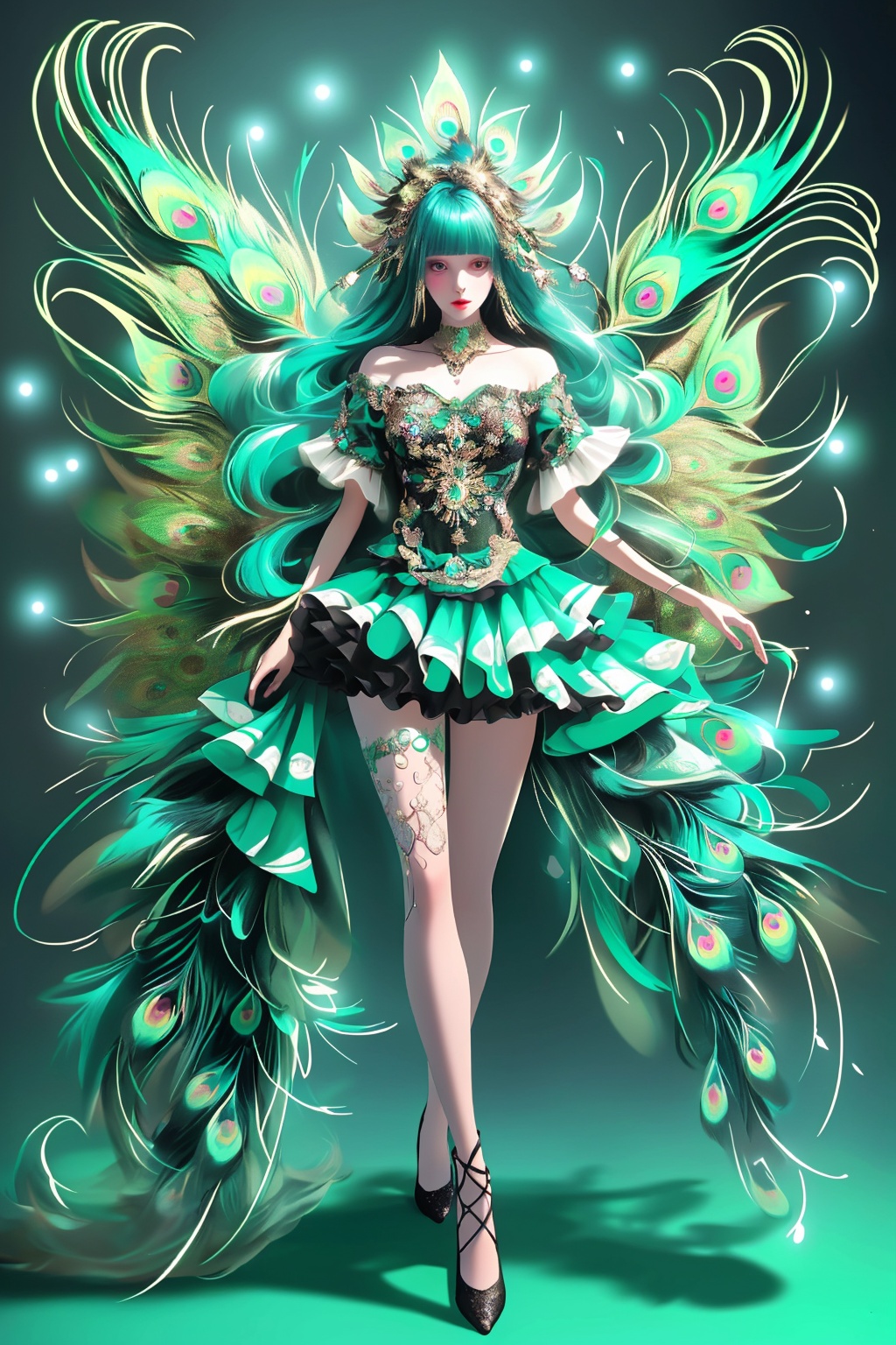 (low saturation:1) ((full body:1)), (1girl is surrounded by Peacock feather from head to neck , ((long hair:1)), (wear Peacock feather outfit fashion with ruffled layers:1), 1girl