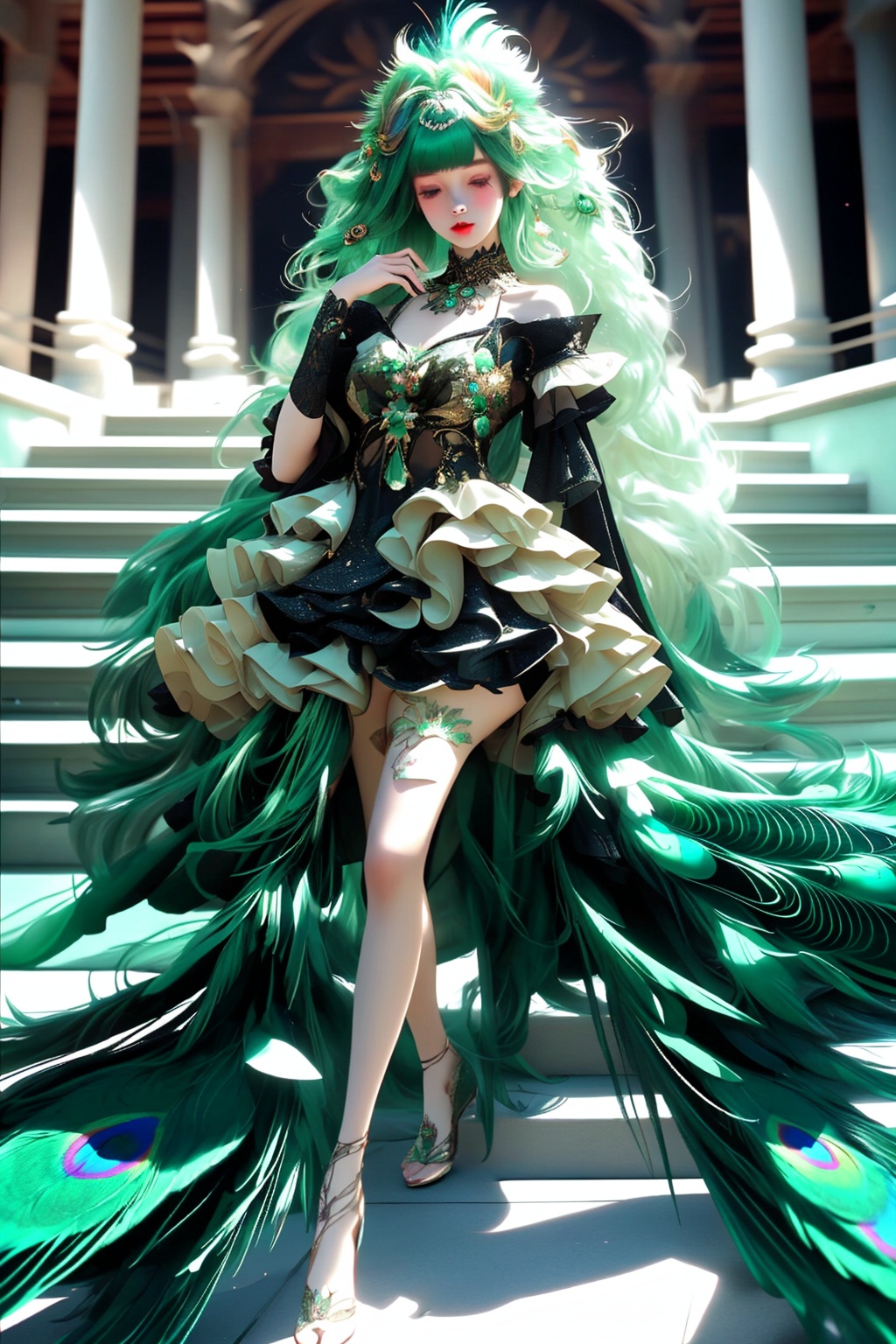 (low saturation:1) ((full body:1)), (1girl is surrounded by Peacock feather from head to neck , ((long hair:1)), (wear Peacock feather outfit fashion with ruffled layers:1), 1girl