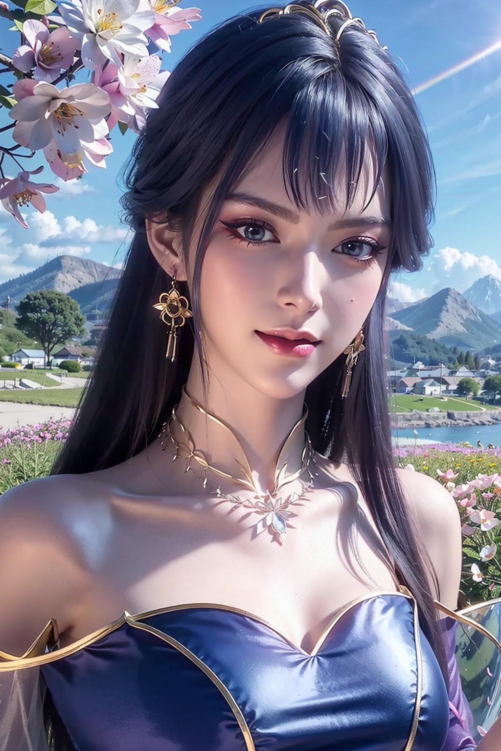  (8k, RAW photo, best quality, masterpiece:1.2),(realistic, photo-realistic:1.1),ultra-detailed,extremely detailed cg 8k wallpaper,(crystalstexture skin:1.4),(extremely delicate and beautiful),1girl, dress, gloves, long_hair, solo, white_gloves, breasts, blue_hair, hair_ornament, elbow_gloves,,1girl,portrait,long hair,solo,(smile),(glass slipper ),earrings,jewelry,closed mouth,,smile,collarbone,red lips,(white skin),outdoors,detached sleeves,perfect hand,hs,(fantastic scenery, Rainbow, Sky,cherry blossoms,flowers,butterfly,mountain,spring \(season\), ,,((looking at viewer)), 1girl,, flower_field, lips, 