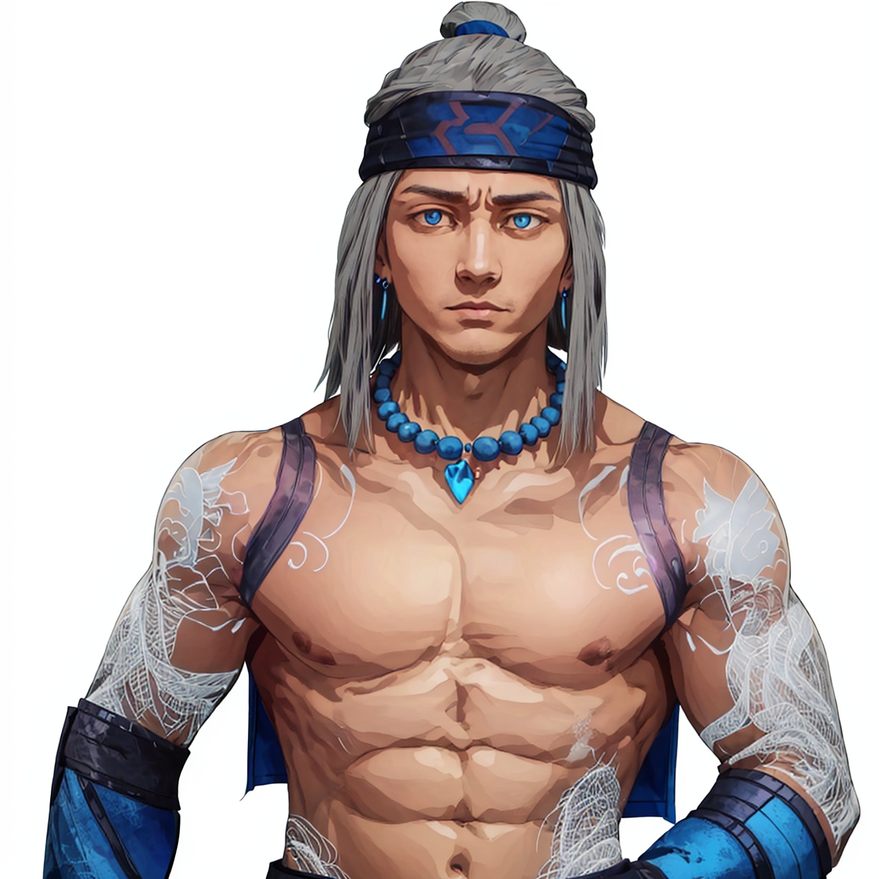 (masterpiece:1.3), (the best quality:1.2), (super fine illustrations:1.2), (Masterpiece), high quality, high detail, ((white background:1.2)), looking at viewer, (SOLO:1.4), outline, , simple background, bead necklace, pearl necklace, back tattoo, white hair, topless male, pectorals, stomach tattoo, shoulder tattoo, full-body tattoo, bare pectorals, arm tattoo, glowing, beads, jewelry, blue eyes,muscular, ankle wrap, bandaged leg, tattoo, armor, choker, logo, earrings, manly, pants, necklace, belt, jewelry, wrist wrap, fire, flame, arm wrap, long hair, headband, 1boy, full