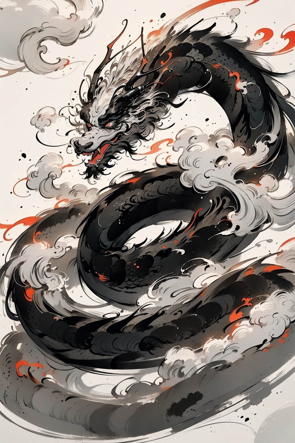  Chinese dragon, imagination, traditional Chinese painting, ancient painting, ink and wash style, cloud around, fire cloud, light black dragon, black gold color matching, fangs, mouth opening, fierceness, cloud around and flame.Pure white background