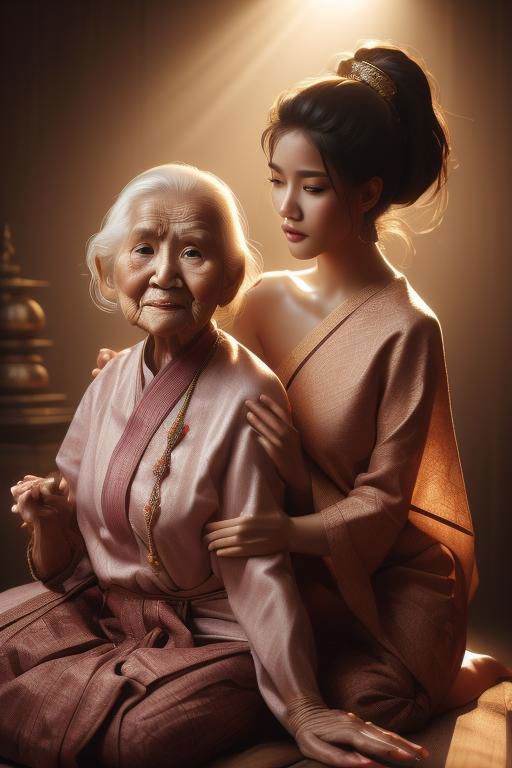 realistic,  dramatic light ,  Granddaughter in Thai clothes massaging grandma by World Ai on Tensor.Art