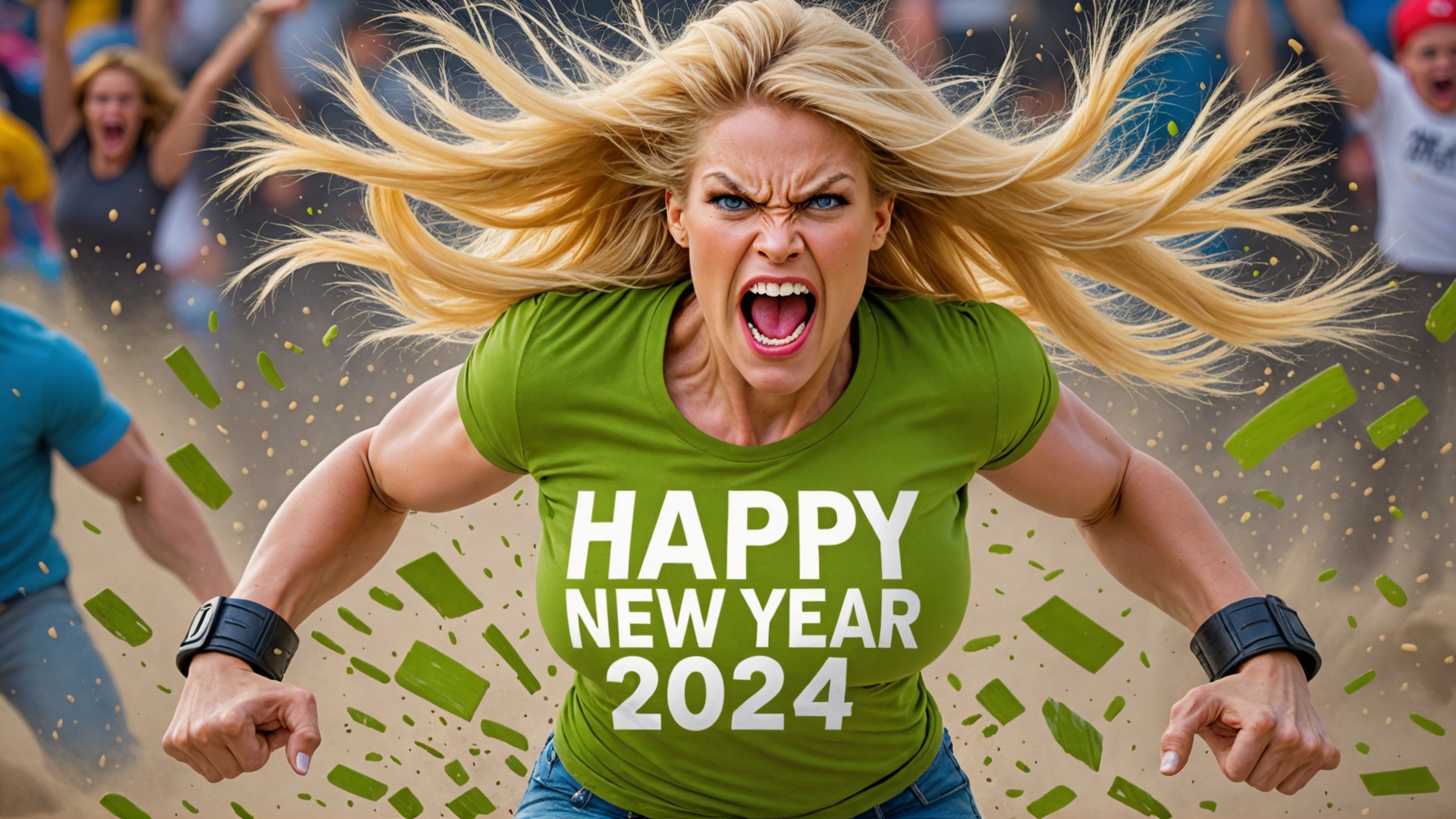 angry KAREN beautiful SUPERMODEL woman,  "HAPPY NEW YEAR 2024" t-shirt logo,  BLONDE hair on Tensor.Art