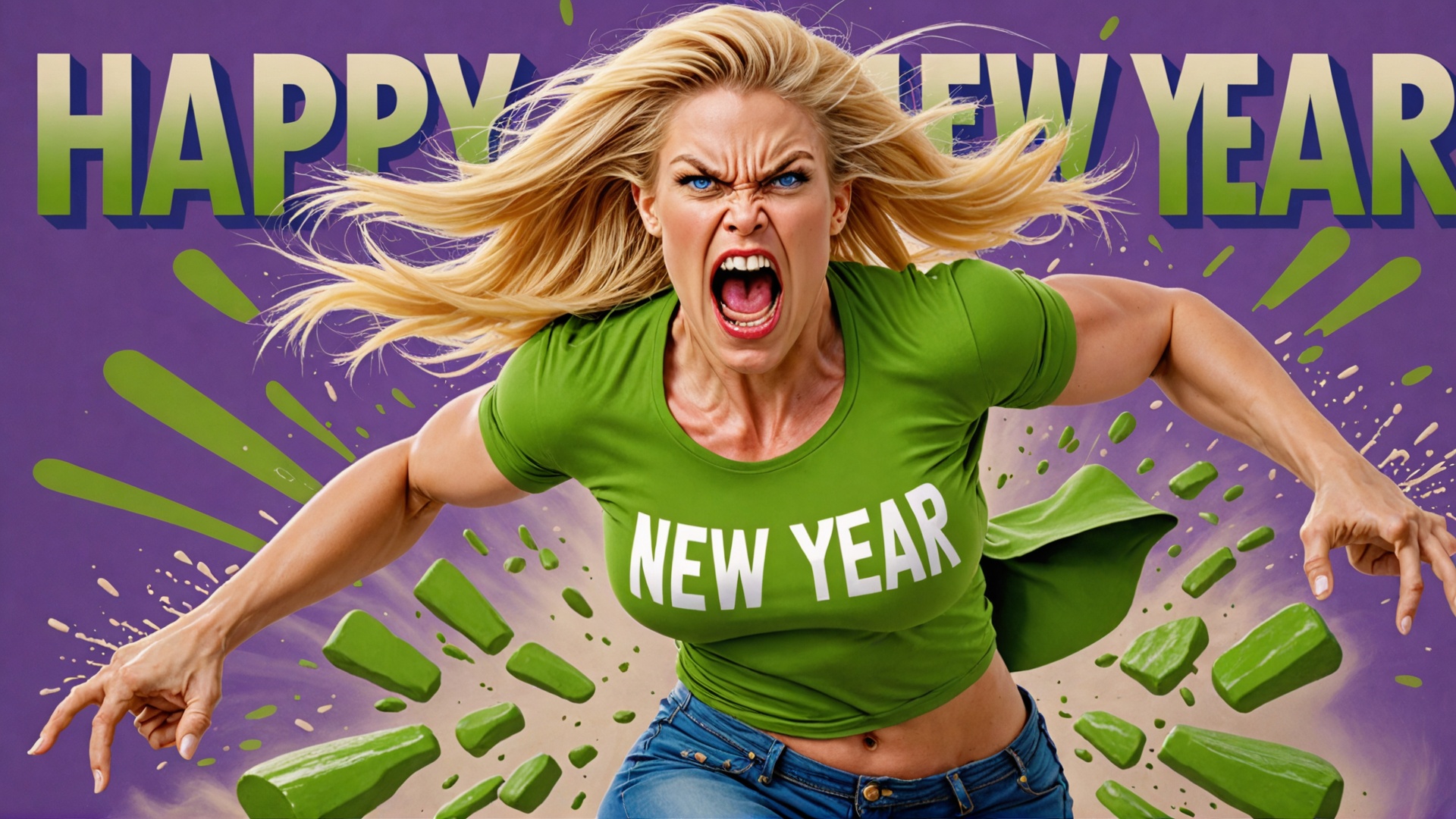 angry KAREN beautiful SUPERMODEL woman,  "HAPPY NEW YEAR 2024" t-shirt logo,  BLONDE hair on Tensor.Art