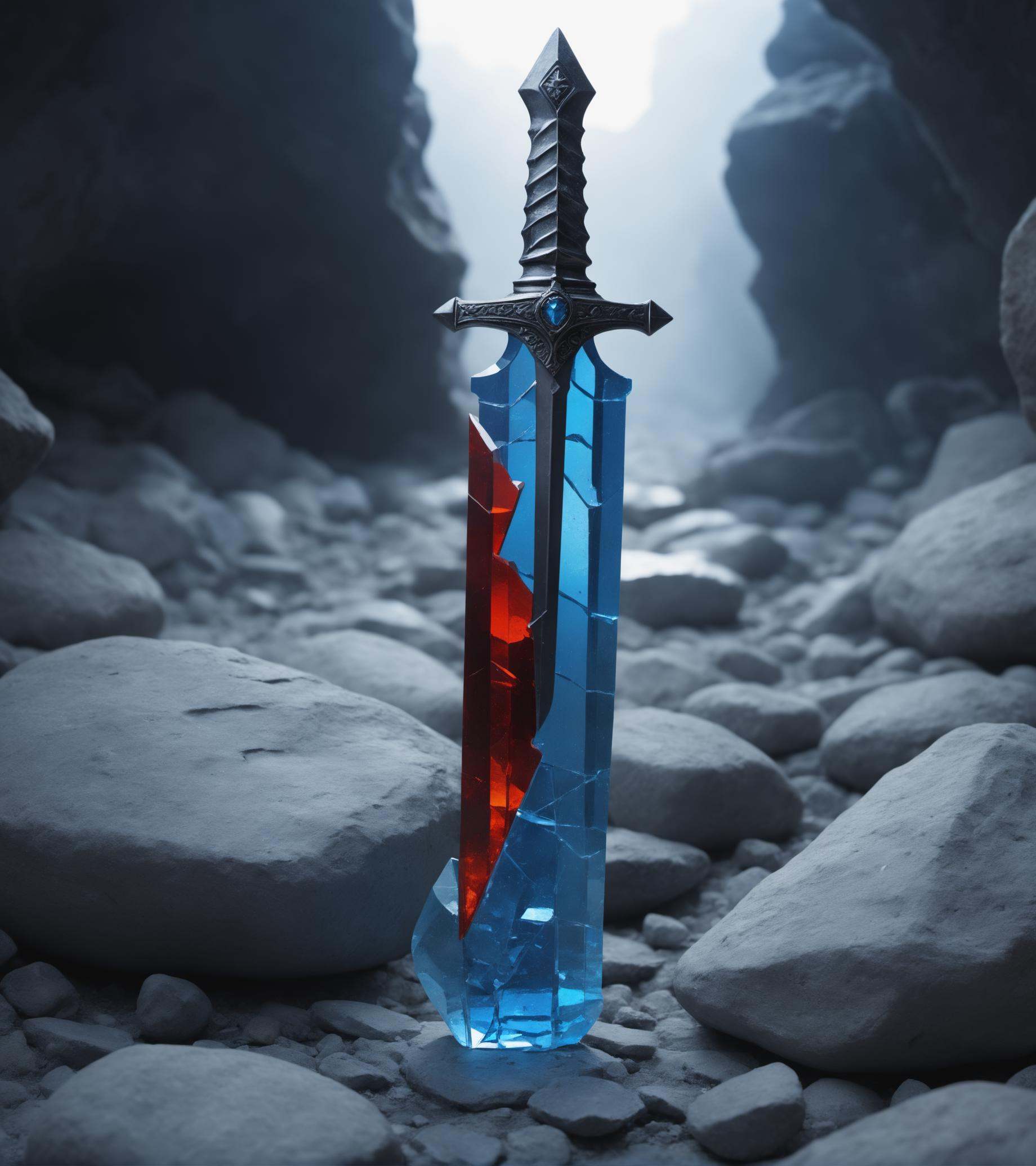 Made_of_pieces_broken_glass transparent sculpture,  King Arthur's sword is stuck in a stone,  focus on a sword by Speach1s...