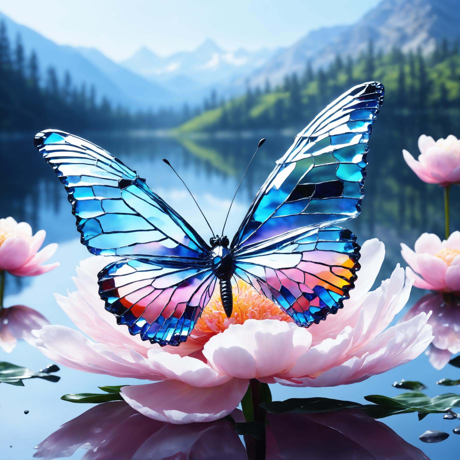 A butterfly made of glass Made_of_pieces_broken_glass,  lake,  sitting on a pale pink peony flower by Speach1sdef178 on Te...