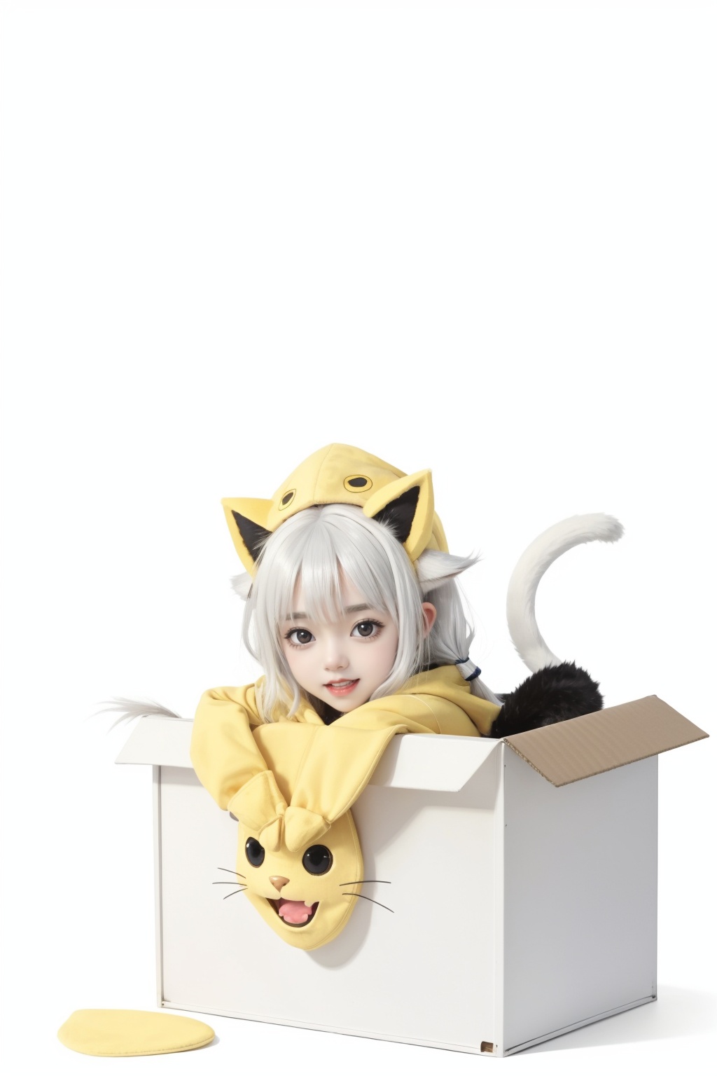 [(white background:1.4)::5],//,box,in container,cardboard box,in box,//,(solo:1.2),1girl,loli,little girl,smile,open mouth,black eyes,slit pupils,white hair,low twintails,cat ears,full body,(yellow animal costume:1.2),hood up,